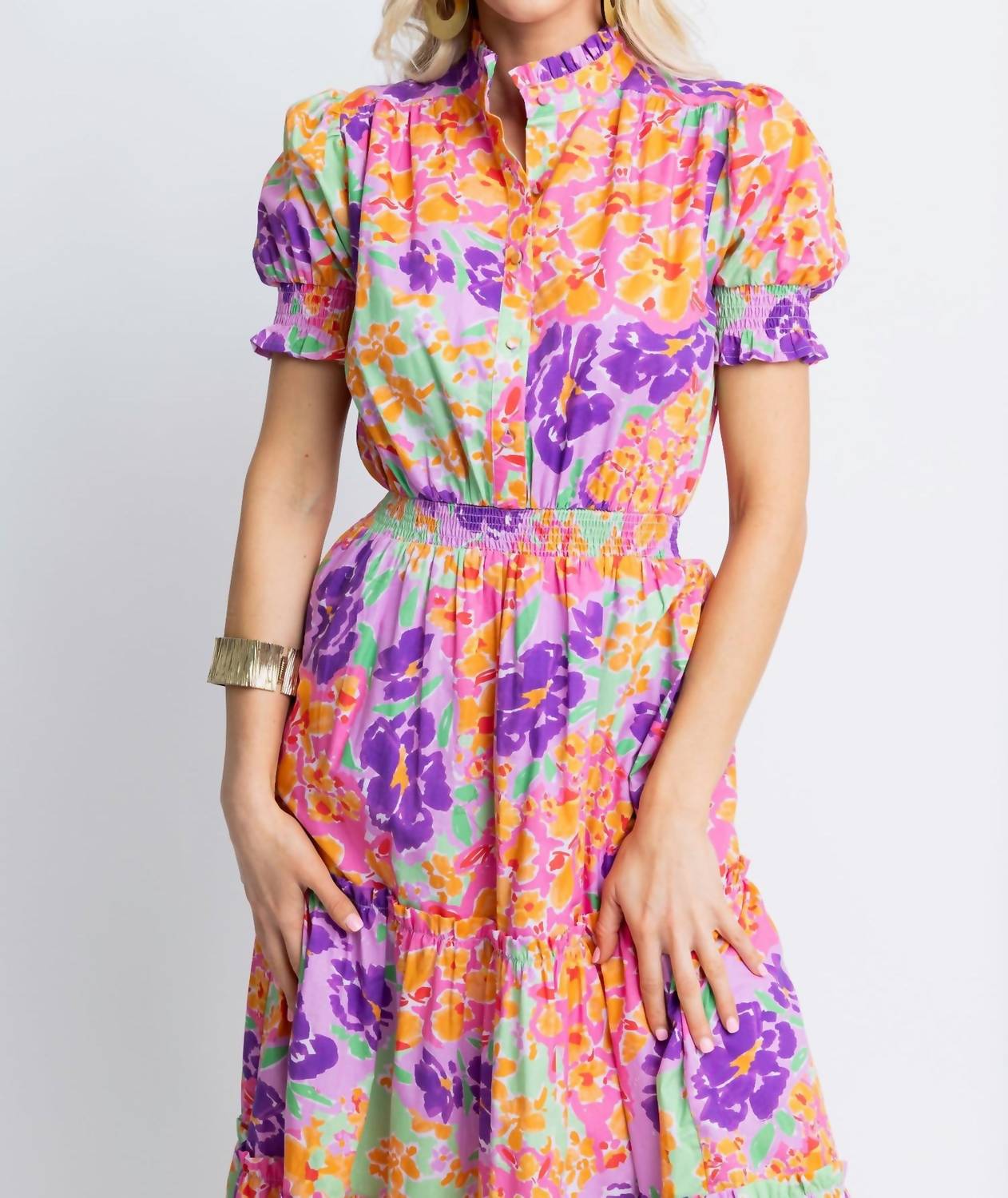 Floral Smock Waist Tier Maxi Dress for Women - Orange Garden Party Dress | Perfect for Summer Weddings, Beach Vacations & Outdoor Events