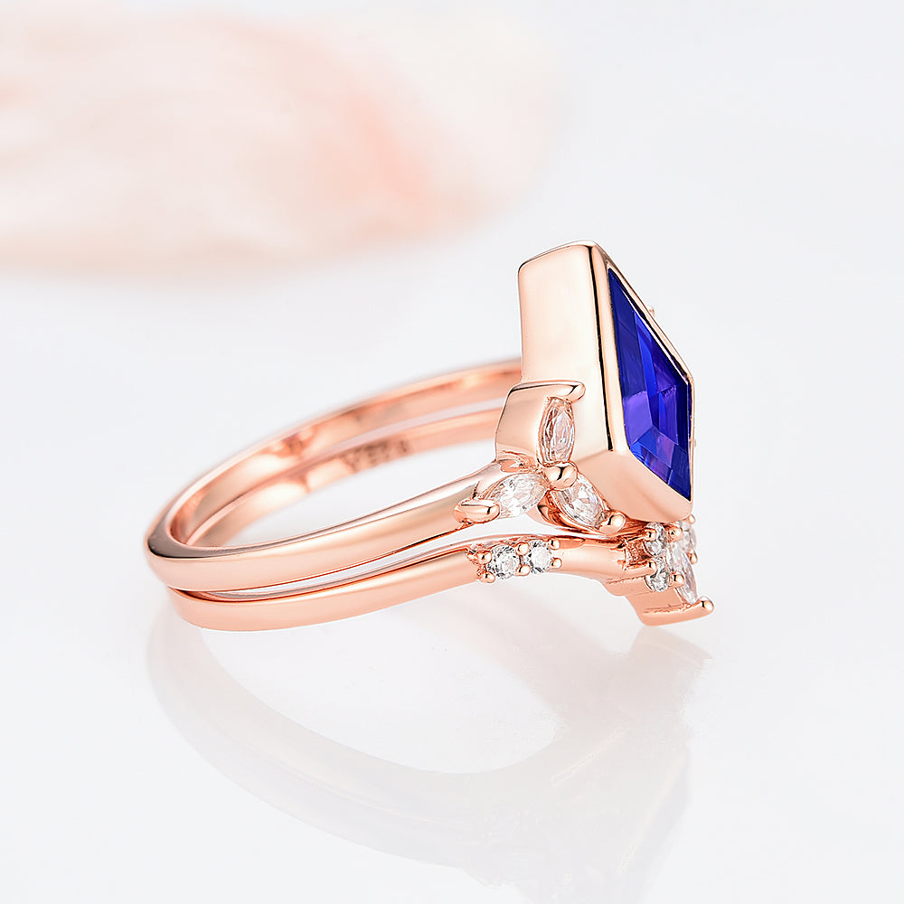 14K Rose Gold Vermeil Blue Sapphire Ring Set - Elegant Jewelry for Women, Perfect for Engagement, Wedding & Anniversary Gifts