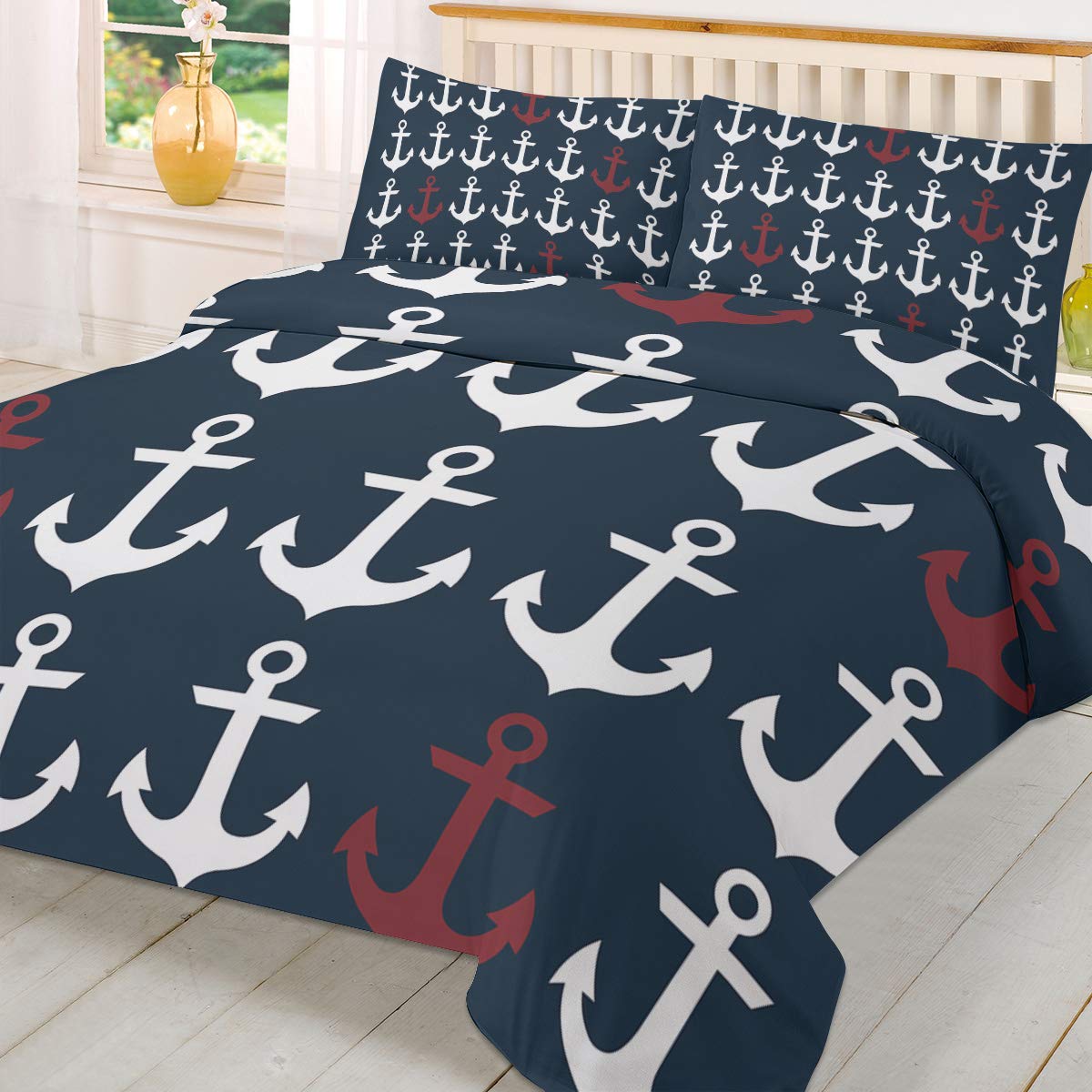Nautical Anchor 3-Piece Duvet Cover Set - Navy & Red Soft Comforter Cover with Pillowcases, Full Size | Washable Bedding Set for Coastal Themed Bedroom Decor