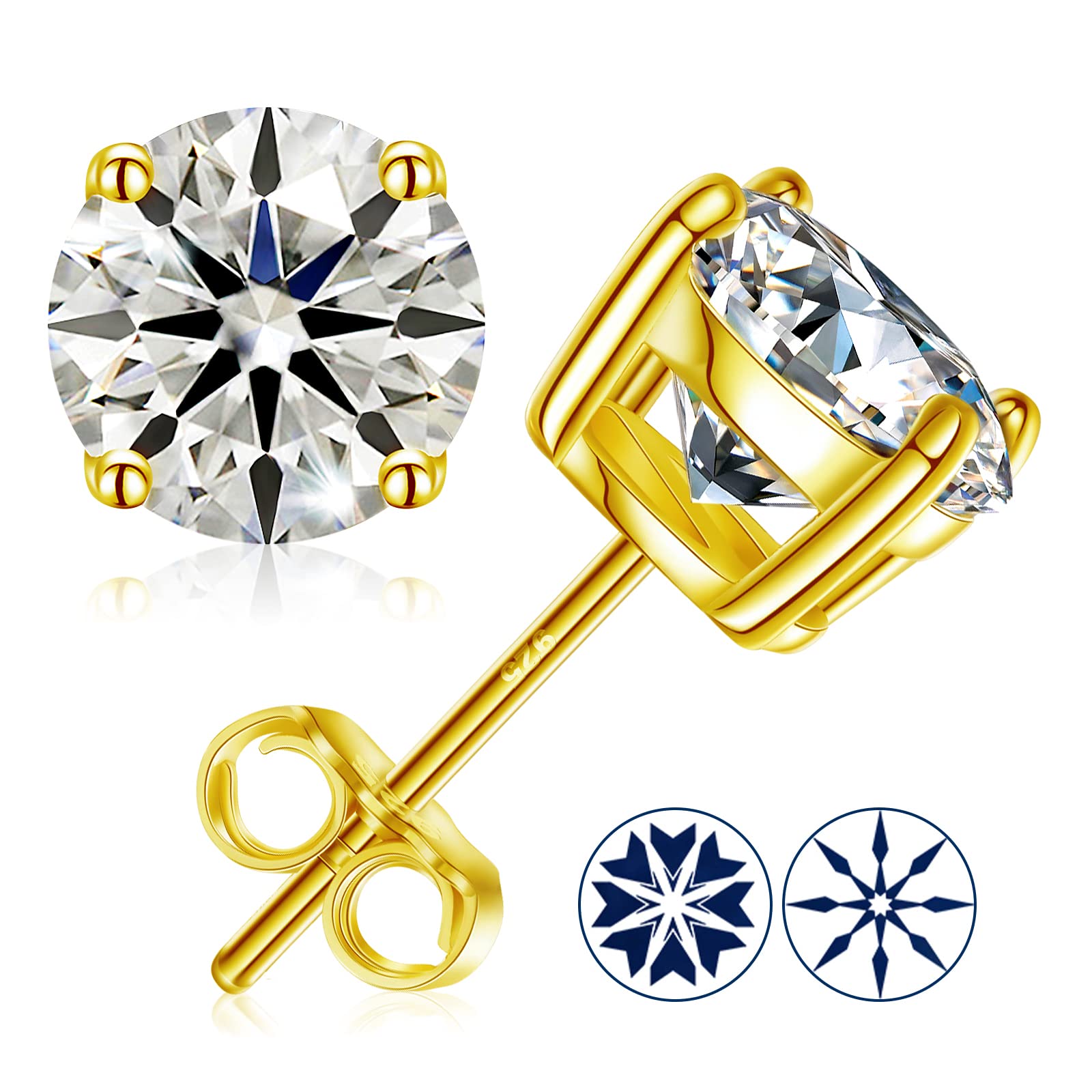 Hypoallergenic Moissanite Stud Earrings 0.2CT-8.0CT | D Color VVS1 Clarity Round Cut Lab-Created Diamond Alternative | 18K Gold Plated & 925 Sterling Silver | Anniversary & Everyday Jewelry Gift for Women & Men | Perfect for Weddings, Parties & Professional Occasions