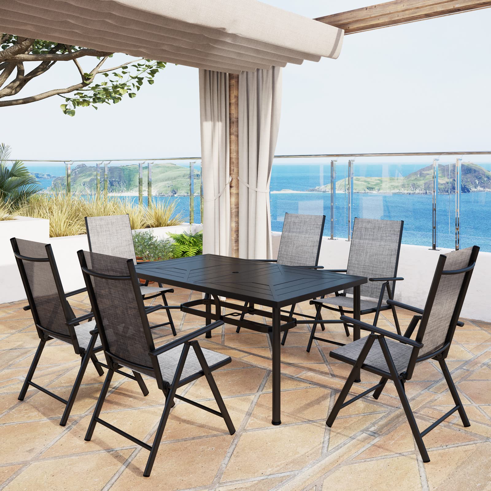 MFSTUDIO 6-Piece Outdoor Dining Set - Adjustable Height Aluminum Folding Chairs & Heavy Duty Black Metal Table - Patio Furniture for Backyard, Garden, Poolside or Terrace (Grey)