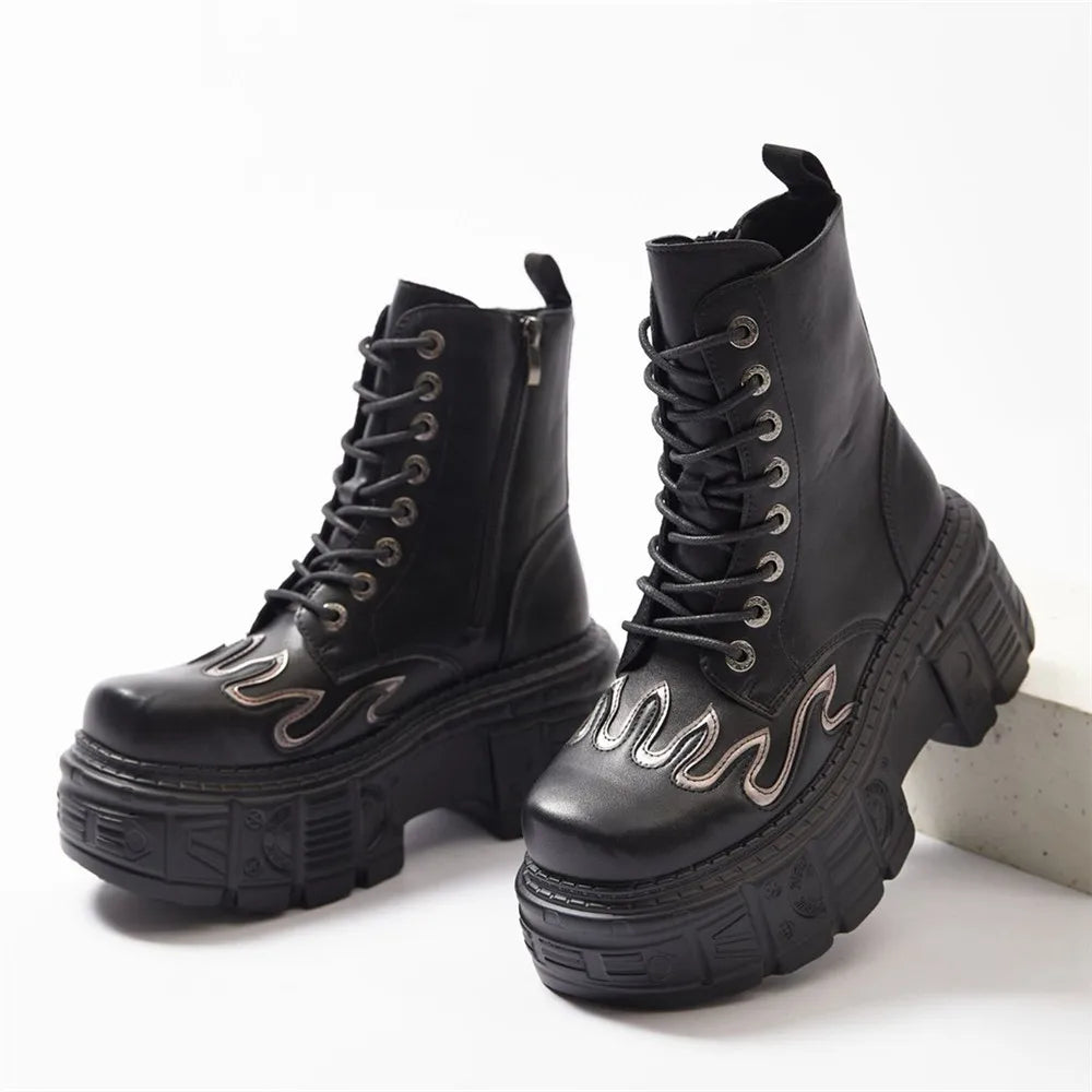 Trendy Punk Lace-Up Round Toe Knee High Boots for Women - Thick Platform Sole Motorcycle & Party Shoes (Botas Mujer 2025) - Perfect for Night Out, Concerts and Edgy Street Style