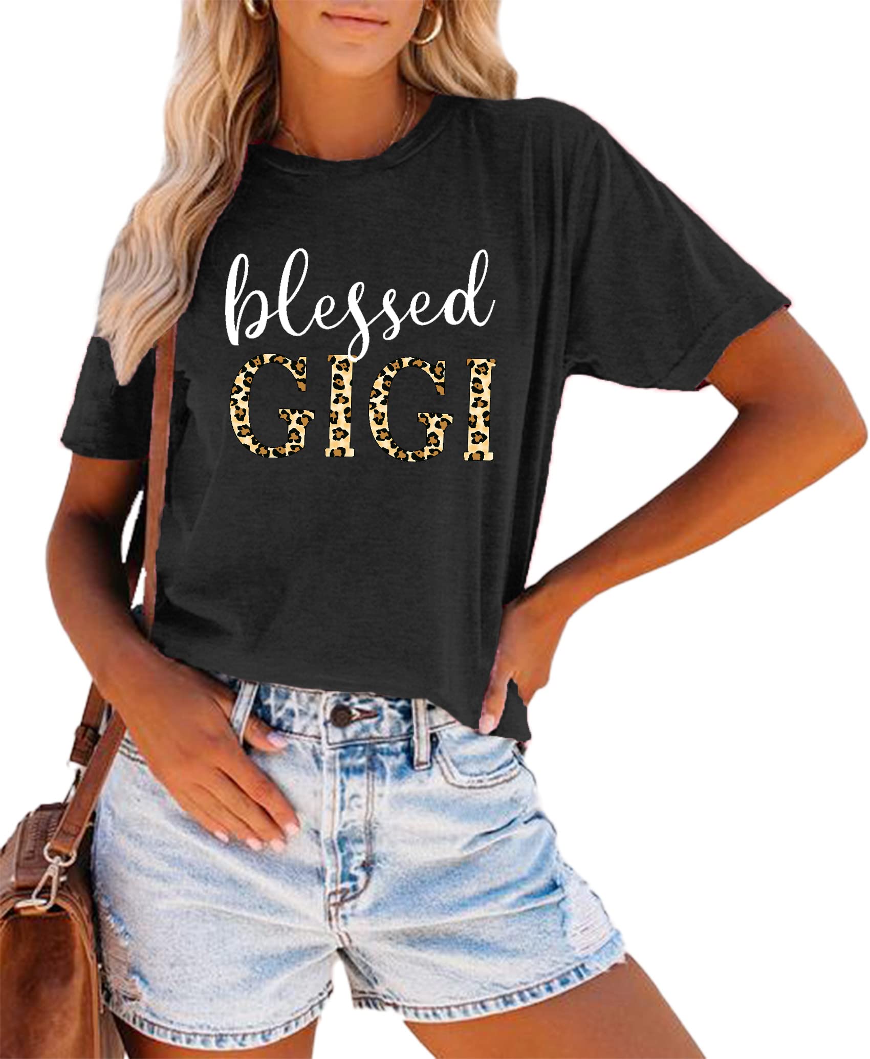 Blessed Gigi Shirts for Grandma - Women's Leopard Print Graphic T-Shirt - Comfortable Mimi Gigi Tees for Casual Wear & Family Gatherings