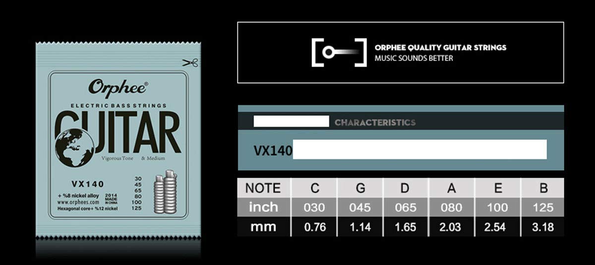 Orphee VX140 Hexagonal Steel Nickel Wound Electric Bass Guitar Strings - 6-String Set (Long Scale .030 .045 .065 .080 .100 .125) for Professional Musicians & Studio Recording