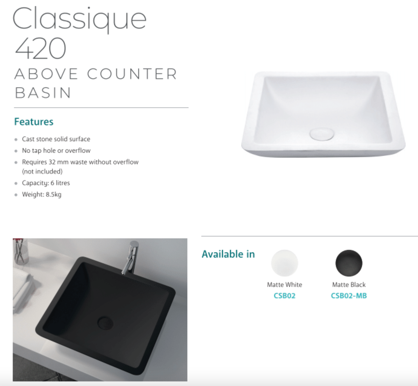 Fienza CSB02 MB Classique Matte Black Solid Surface Above Counter Bathroom Sink Basin - Perfect for Modern Vanities and Contemporary Bathroom Designs