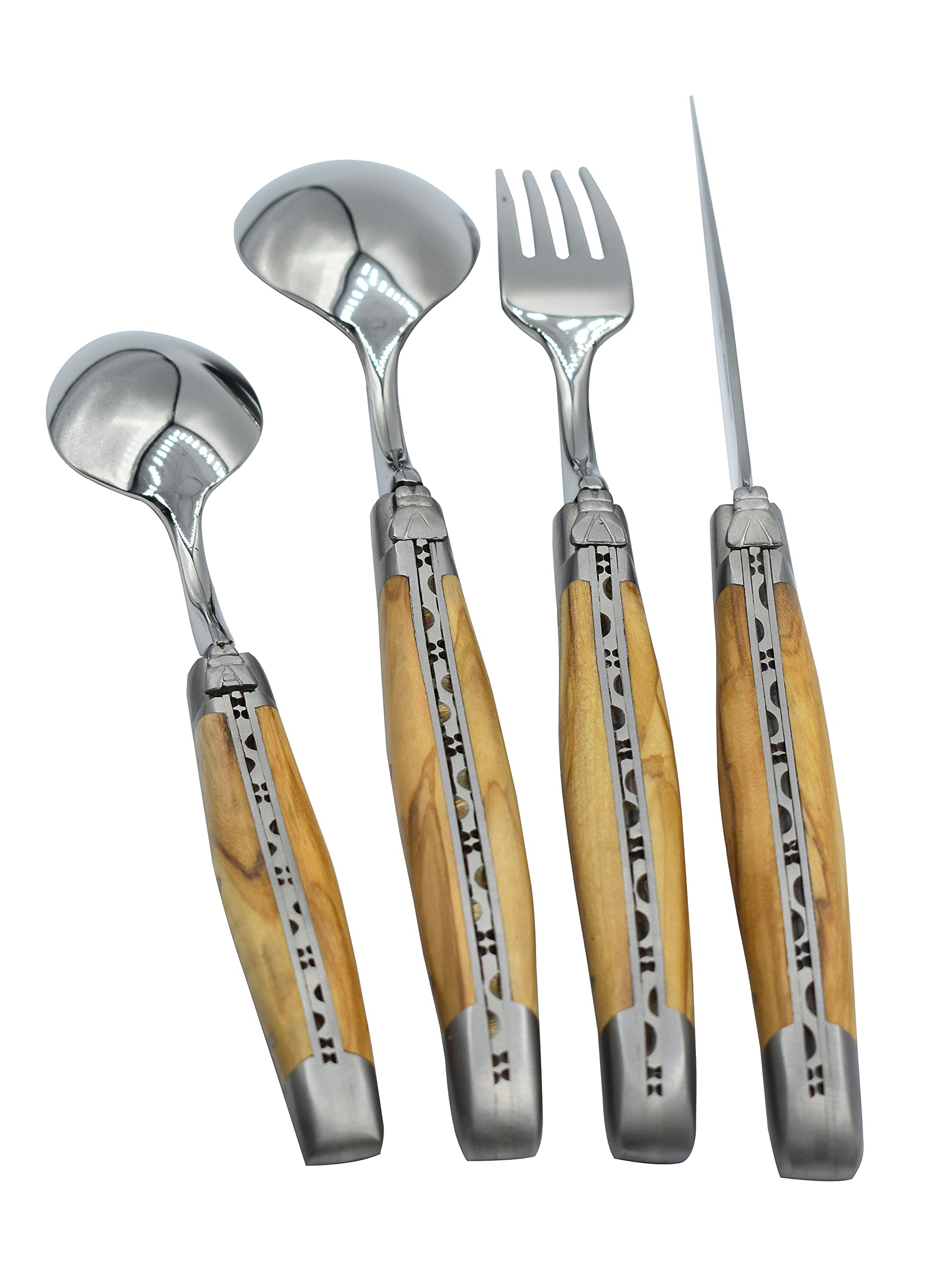 Premium Laguiole en Aubrac 24-Piece Flatware Set - 6 Steak Knives, 6 Forks, 6 Soup & 6 Tea Spoons - Olive Wood Handle & Stainless Steel Brushed Bolsters - Elegant Dinnerware for Fine Dining & Entertaining