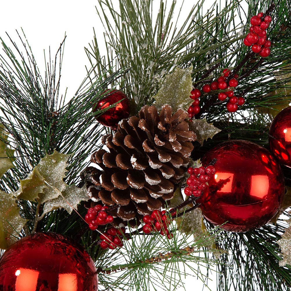 Rustic Farmhouse Wooden Window Frame with LED Pre-Lit Pinecone & Ornament Wreath - Christmas Holiday Decor for Front Door, Wall, Window - Perfect for Xmas Party, Home & Festival Celebration Decorations