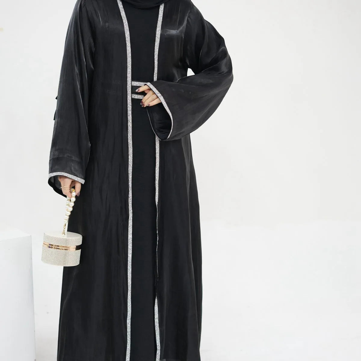 2-Piece Hotfix Rhinestone Sparkling Open Abaya Dress Set with Inner Dress - Perfect for Weddings, Parties & Special Occasions