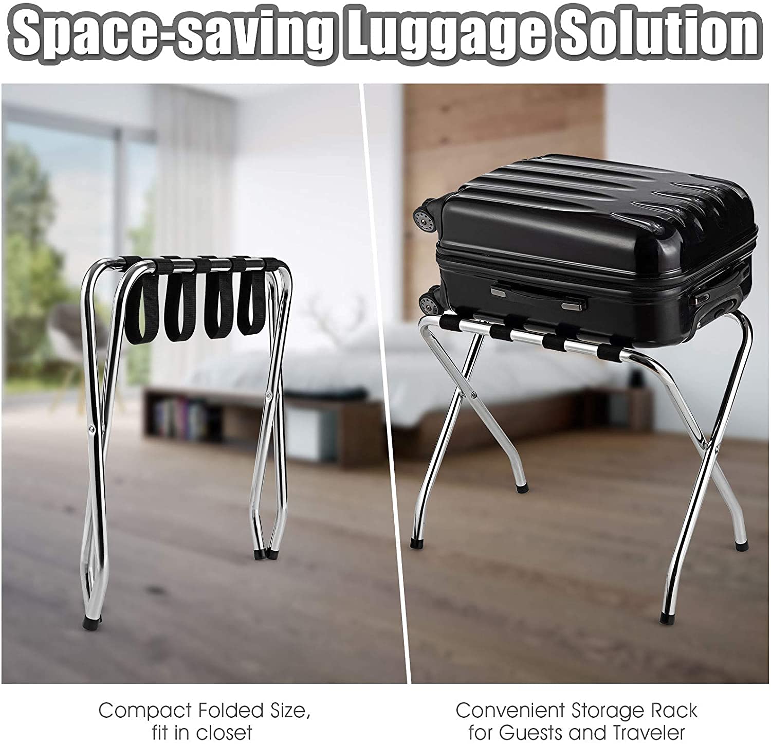 Foldable Chrome Metal Luggage Rack with Nylon Straps - No Assembly Required Suitcase Holder for Bedroom, Guest Room & Hotels | Space-Saving Storage Solution for Travel Bags & Suitcases