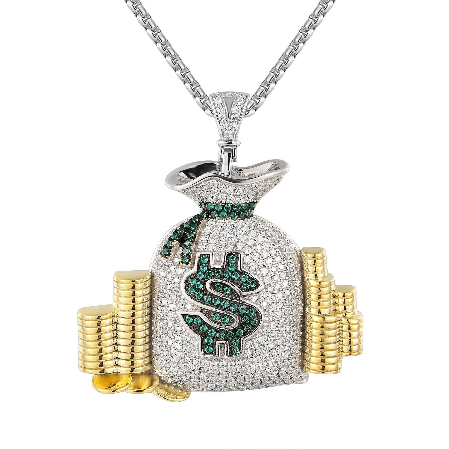 Money Bag Stack Cash Coins Pendant Necklace - Gold & Silver Hip Hop Jewelry for Men & Women - Perfect for Rappers, Bikers, and Streetwear Fashion