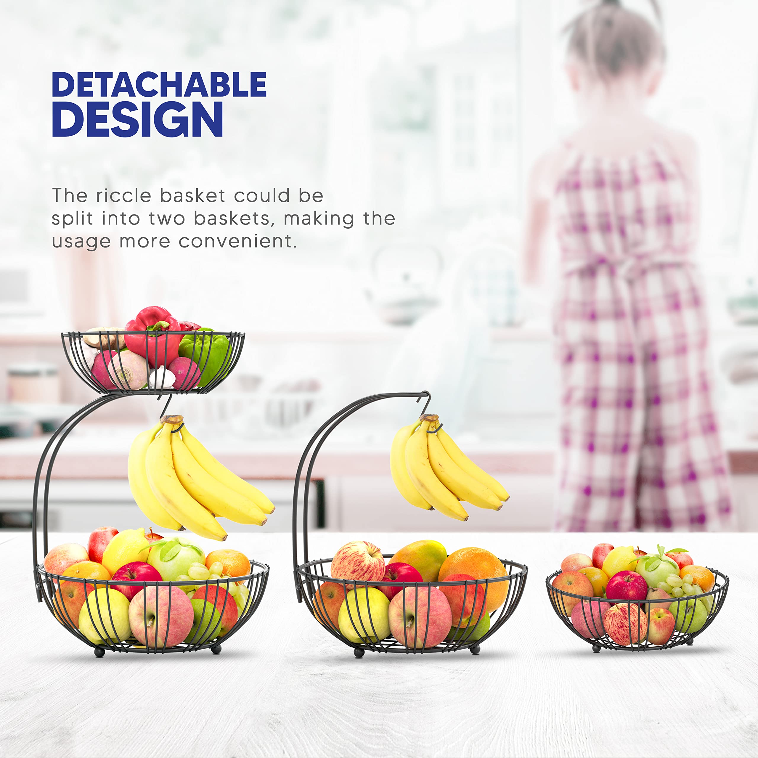 RICCLE Double Layer Metal Wire Fruit Basket with Banana Hanger - Stylish Kitchen Countertop Organizer for Fruits, Vegetables, and Produce - Perfect for Modern Kitchens and Dining Areas