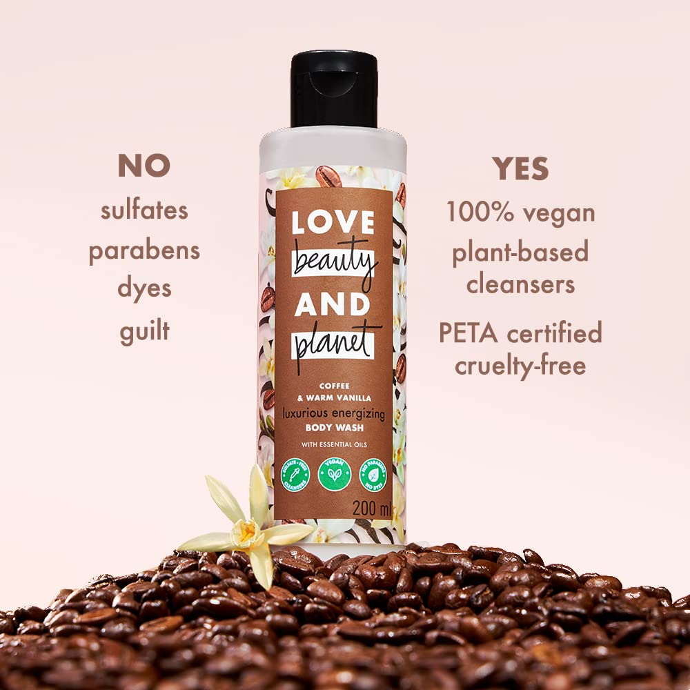 Love Beauty & Planet Moisturizing Body Wash - Sulfate & Paraben Free Shower Gel with Coffee & Warm Vanilla Scent (200ml) | Hydrating & Nourishing for Dry Skin | Perfect for Daily Shower & Relaxing Bath Time