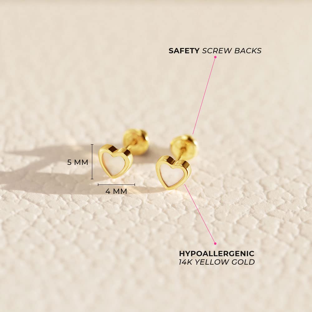 14K Yellow Gold Mother of Pearl Heart Stud Earrings for Girls - Small Screw Back Earrings for Baby Girls & Toddlers - Dainty Pearl Heart Jewelry for Kids | Birthday Gifts, Christening, First Communion & Special Occasions