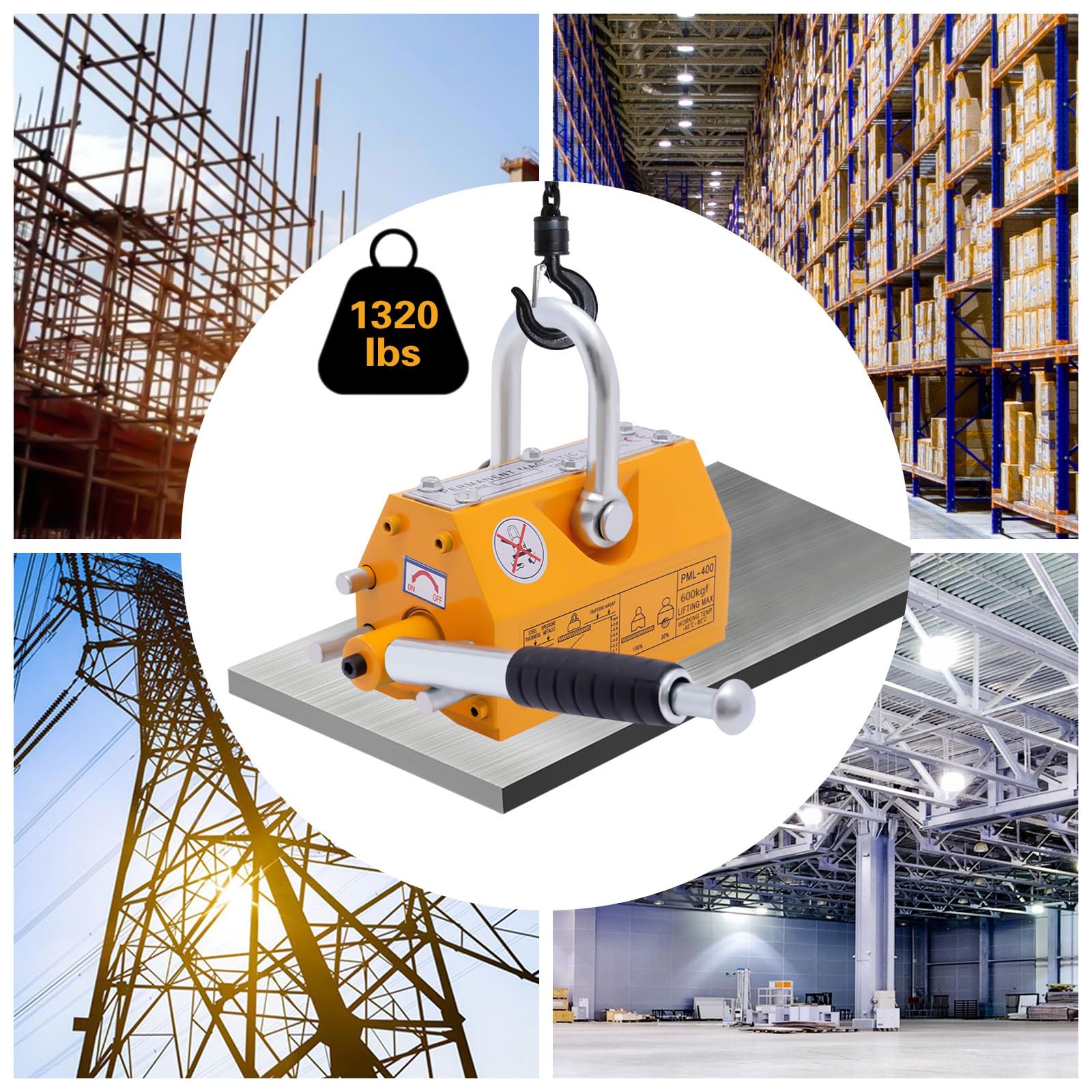 600kg (1320 lbs) Heavy Duty Permanent Lifting Magnet with Safety Release - 2.5x Safety Factor for Steel Handling - Ideal for Hoists, Shop Cranes & Industrial Workplaces
