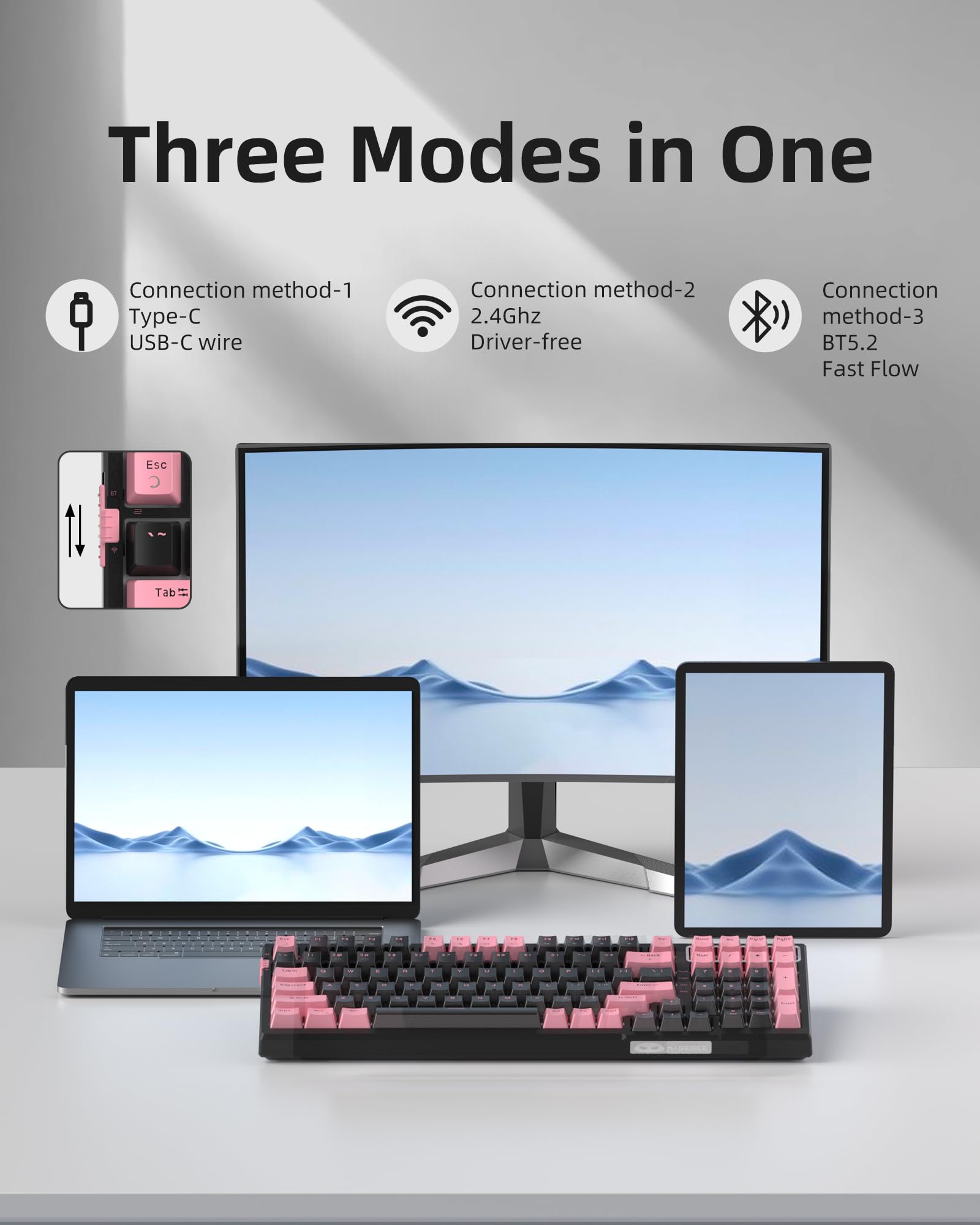 MageGee SKY98 Wireless Mechanical Gaming Keyboard - 96% Hot Swappable RGB Backlit, 5-Layer Sound Padding, Bluetooth/2.4G/USB-C Connectivity, NKRO for Windows & Mac (Pink & Black, Blue Whale Switch) - Perfect for Gaming, Office Work & Typing Enthusiasts
