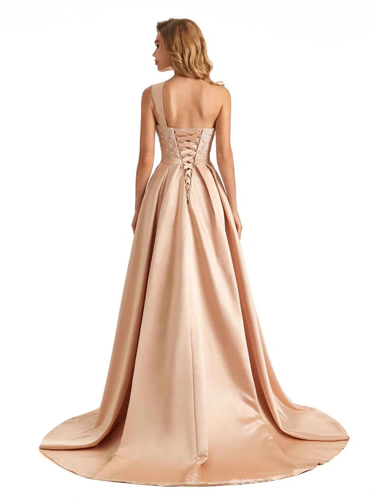 Elegant Champagne A-Line One Shoulder High Slit Long Prom Dress for Women - Perfect for Evening Parties, Homecoming, Wedding Guest & Formal Events