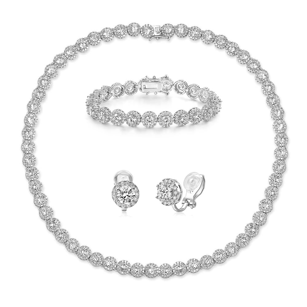 18K Gold Plated Cubic Zirconia Tennis Necklace Bracelet Earrings Set for Women & Men - Elegant Halo Jewelry Pack for Weddings, Anniversaries & Special Occasions