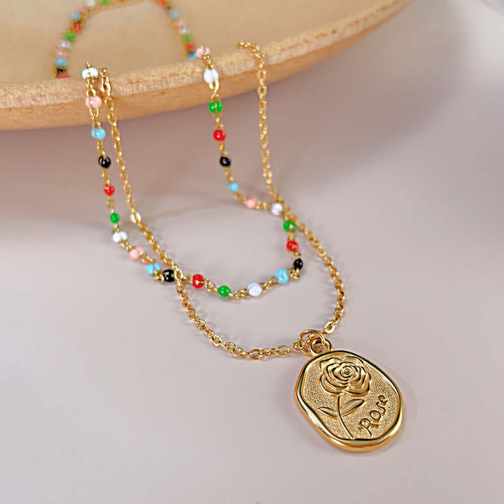 Gold Coin Layering Flower Seed Bead Chain Necklace | GX2310 - Elegant Boho Jewelry for Women, Perfect for Layering, Parties & Everyday Wear