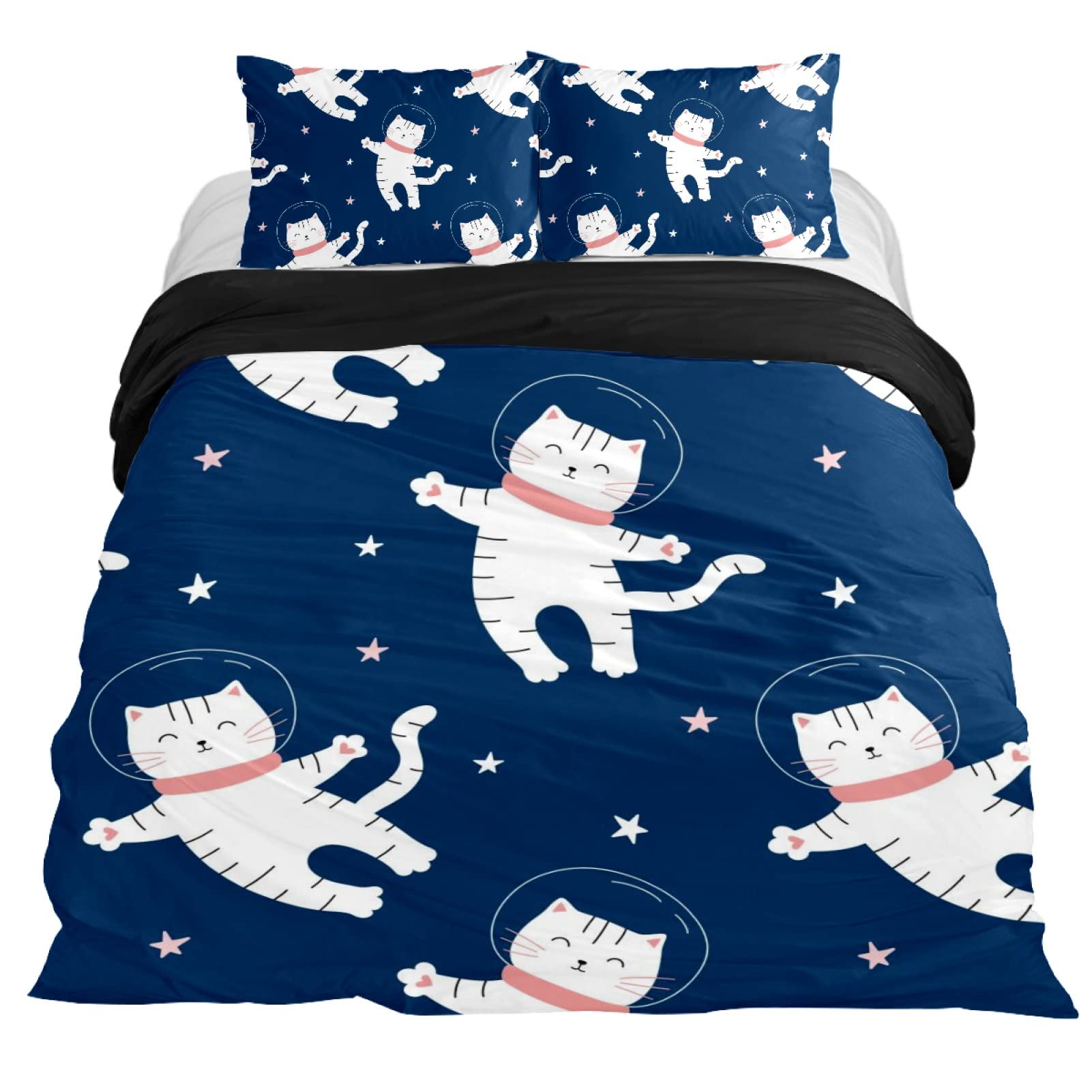 Anna Cowper Cute White Cat in Space 3-Piece Duvet Cover Set - Extra Long Twin Size with Zipper Closure & Corner Ties | Soft Bedding for Kids Room, Dorm, Space-Themed Decor