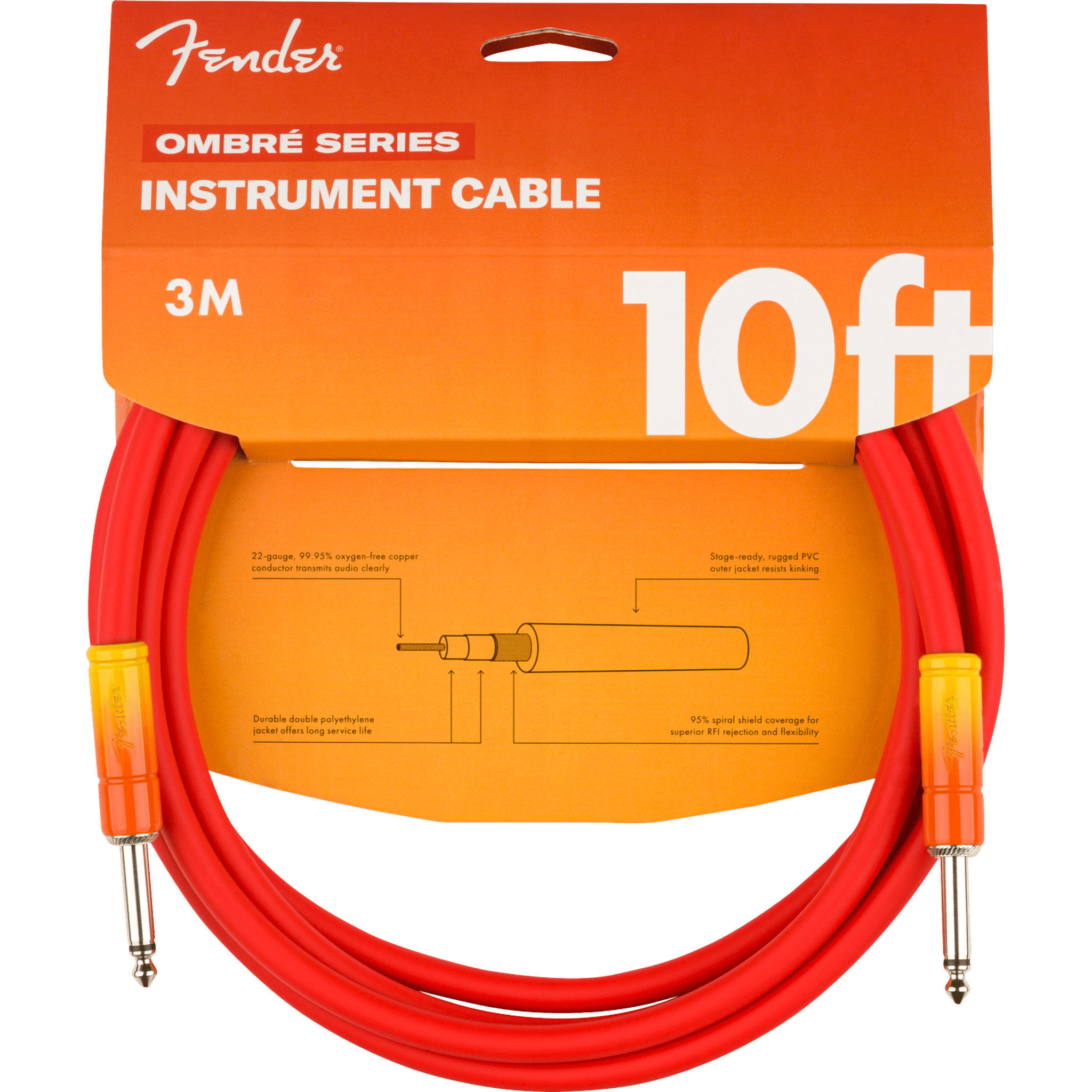 Fender Ombre 10ft Instrument Cable - High-Quality Guitar/Bass Cable with Tequila Sunrise Color - Perfect for Live Performances, Studio Recording & Home Practice