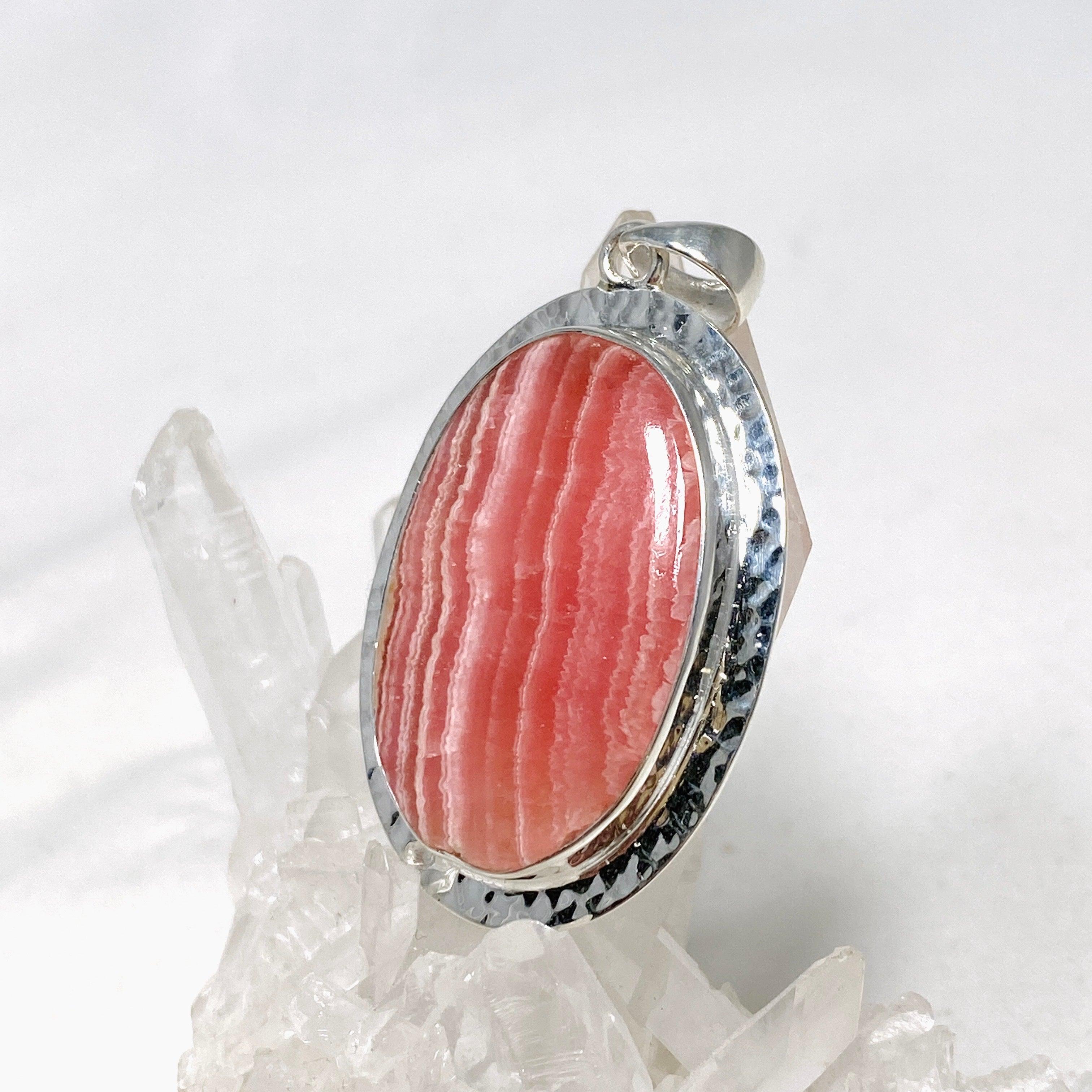 Rhodochrosite Oval Pendant Necklace - Handcrafted Hammered Sterling Silver Setting KPGJ4320 | Elegant Jewelry Gift for Women, Perfect for Weddings & Special Occasions