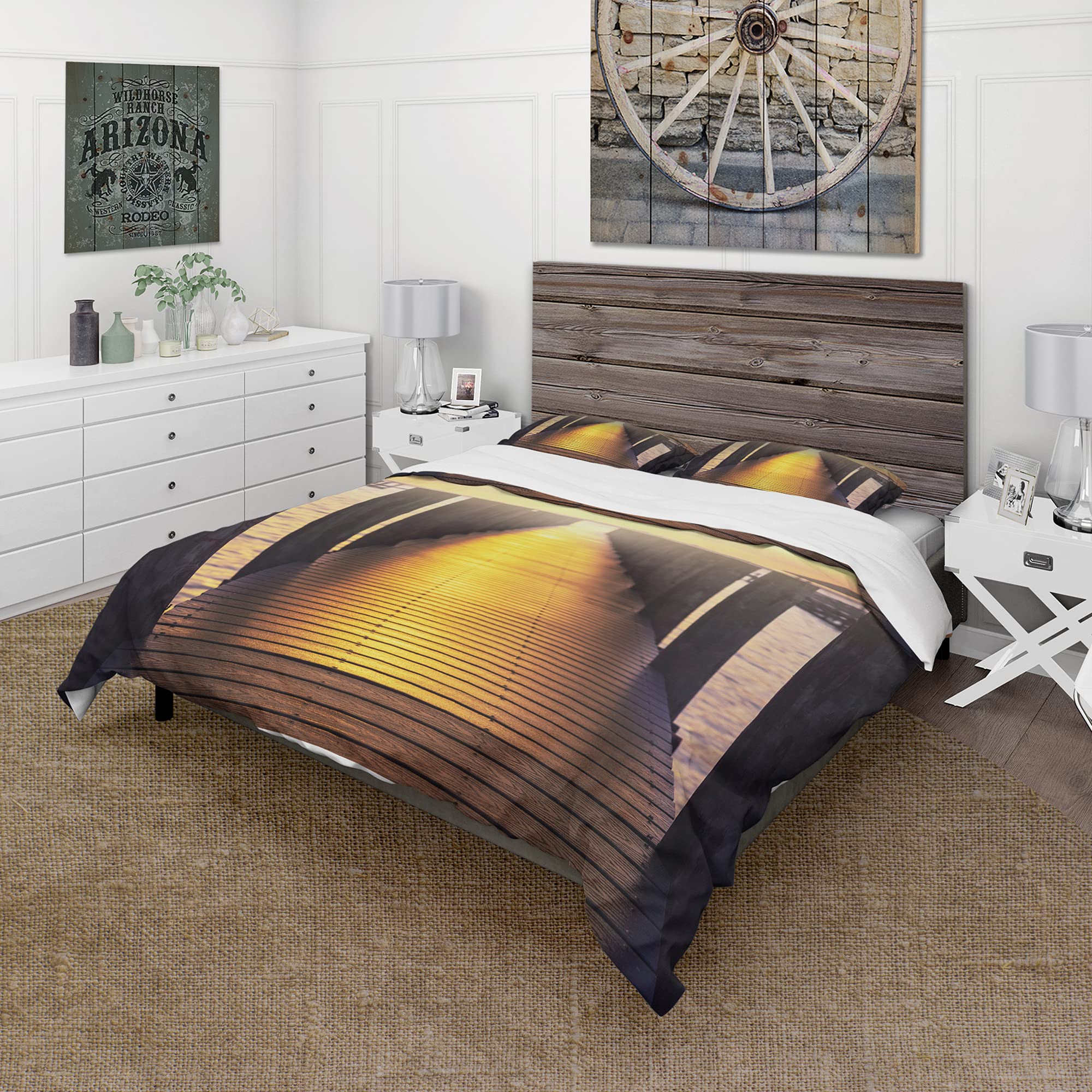DesignQ Nautical & Coastal Duvet Cover Set - King Size Yellow Sea Bridge Sunset Bedding (3-Piece) | All-Season Beach Themed Comfort | Perfect for Coastal Homes, Guest Rooms & Vacation Rentals