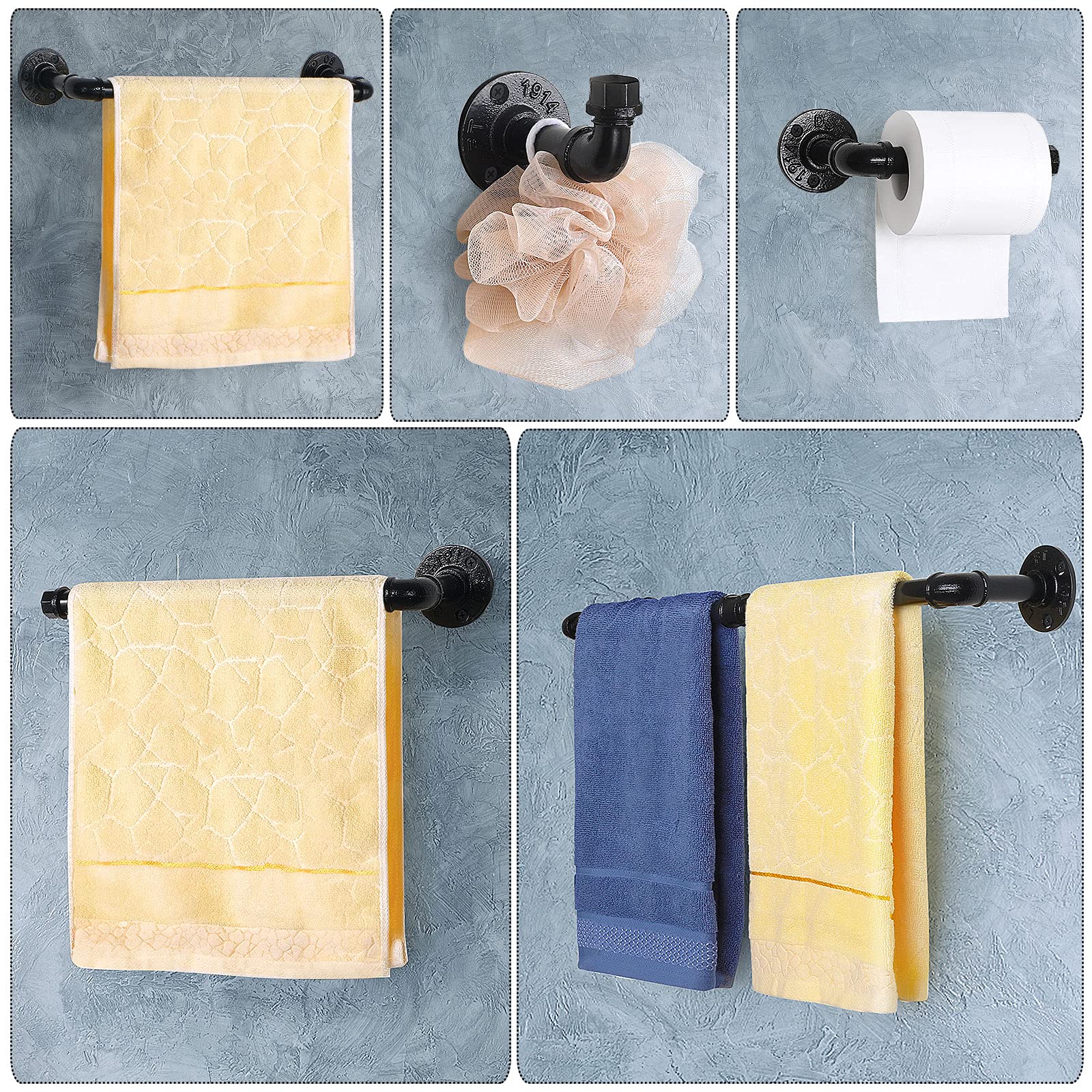 MOOACE 7-Piece Industrial Pipe Bathroom Hardware Set - Heavy Duty Wall Mounted Farmhouse Towel Rack with 2 Towel Bars, 2 Toilet Paper Holders & 3 Robe Hooks - Rustic Bathroom Organization for Home, Apartment, Hotel (Black Finish)