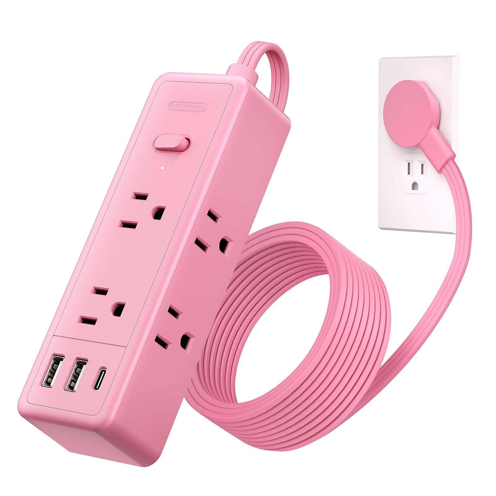 NTONPOWER 5 ft Pink Extension Cord with Surge Protector - 6 Outlets & 3 USB Ports (1 USB-C) - 1080 Joules Protection - Flat Plug Power Strip for Home, Office, Dorm - Perfect for Charging Multiple Devices & Small Appliances