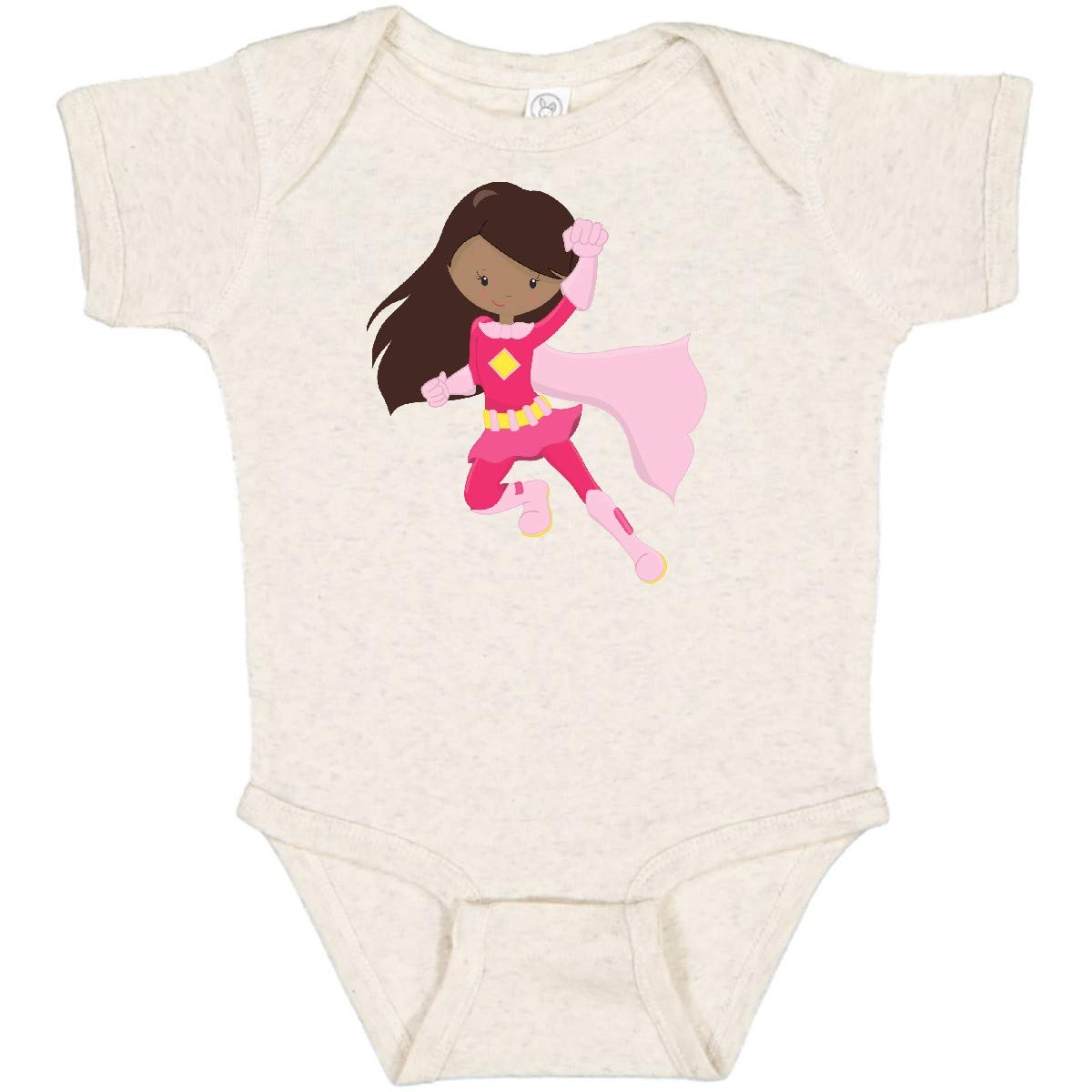 Inktastic African American Superhero Girl with Pink Cape Baby Bodysuit - Cute Outfit for Infants, Toddler Costume, Birthday Gift & Everyday Wear