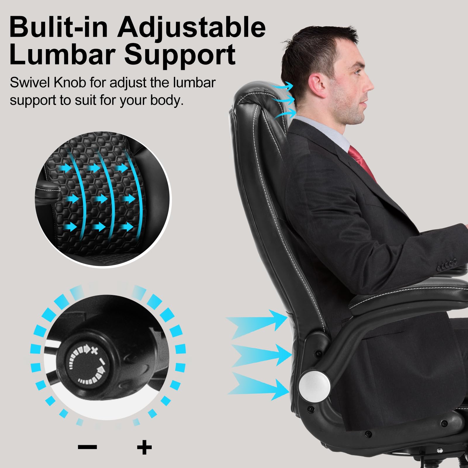 Ergonomic Office Chair with Adjustable Lumbar Support - PU Leather Executive Computer Desk Chair for Home Office, Gaming & Study - Swivel Rolling Chair with Tilt Lock - Black (Perfect for Remote Work, Online Classes & Long Gaming Sessions)