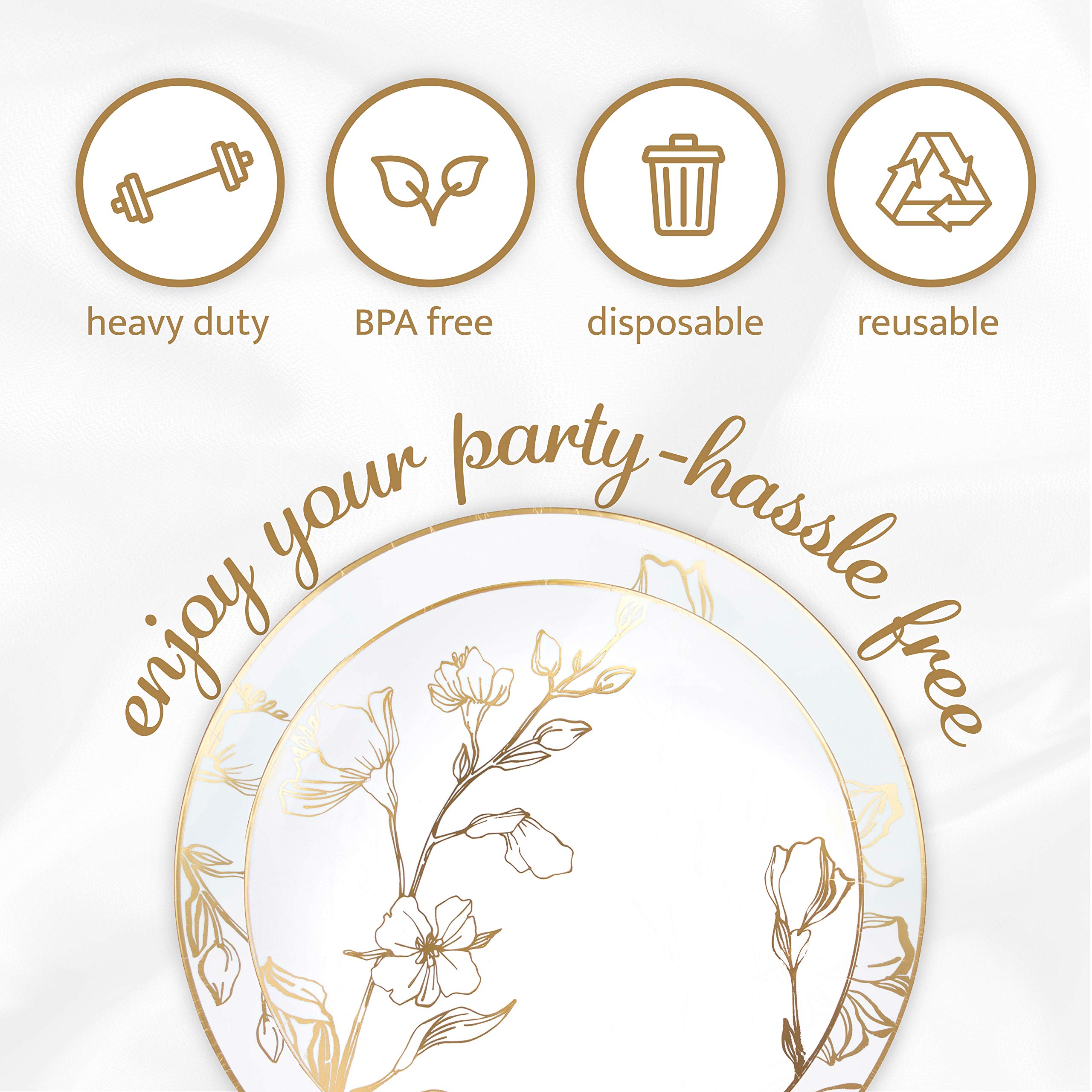 Premium Heavyweight White Plastic Party Plates - Elegant Gold Floral Disposable Tableware (128 Count) for Weddings, Birthdays & Special Events