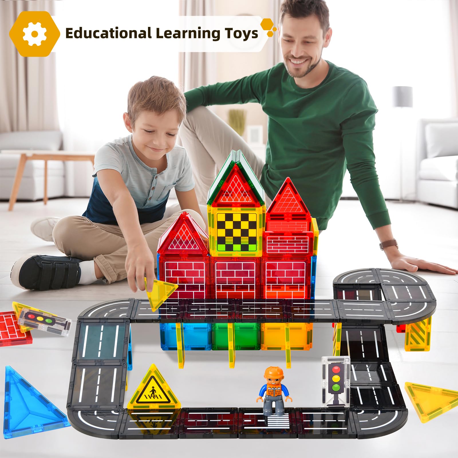 Magnetic Tiles Road Set - City Construction Building Toys for Kids Ages 3+, Magnetic Blocks with Extendable Crane & Car, STEM Learning Toys for Boys & Girls - Perfect for Creative Play, Birthday Gifts & Classroom Activities