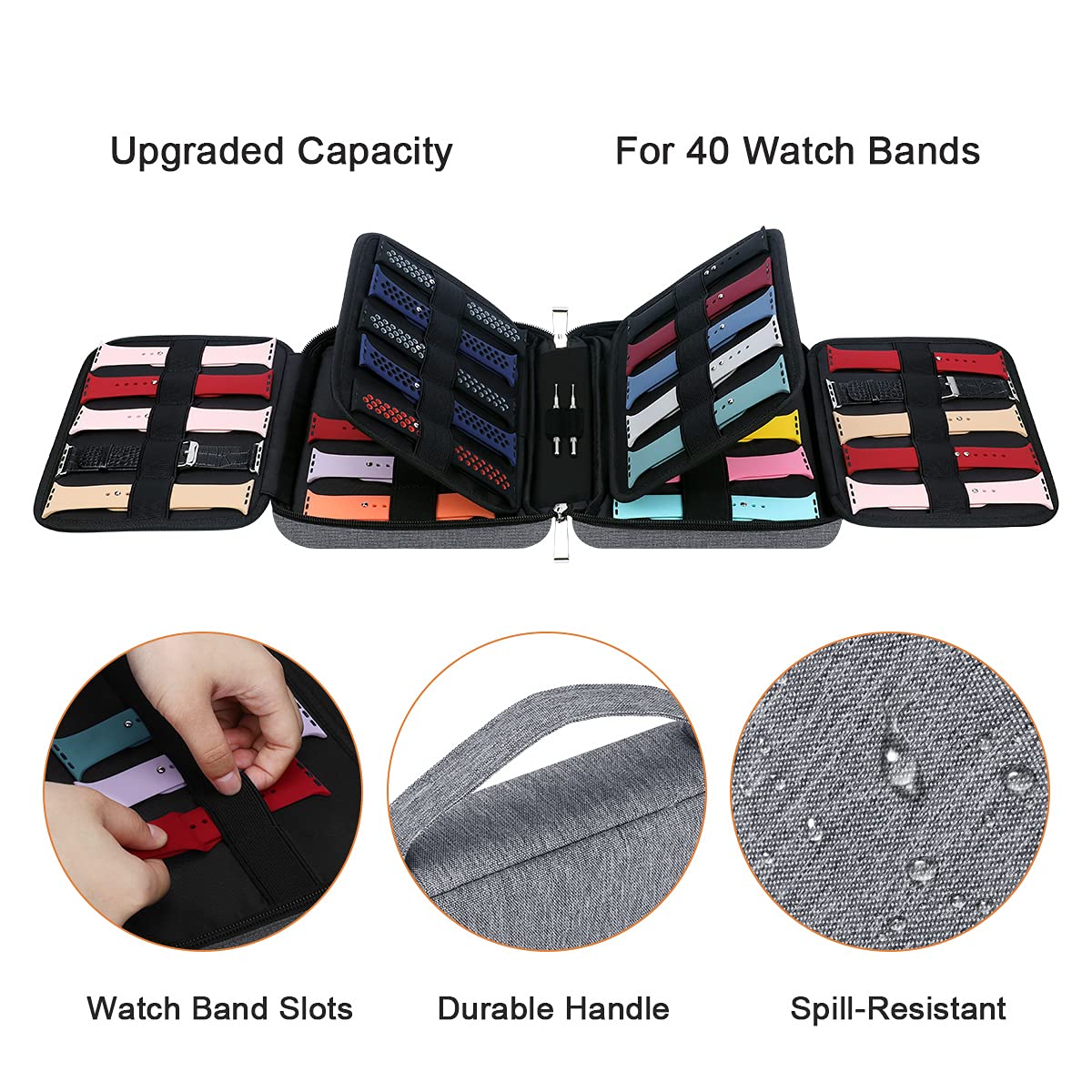 40 Watch Bands Storage Case - Premium Watch Band Organizer & Travel Case for Apple Watch & Fitbit Series (Gray) - Perfect for Travel, Home Storage & Watch Collection Organization