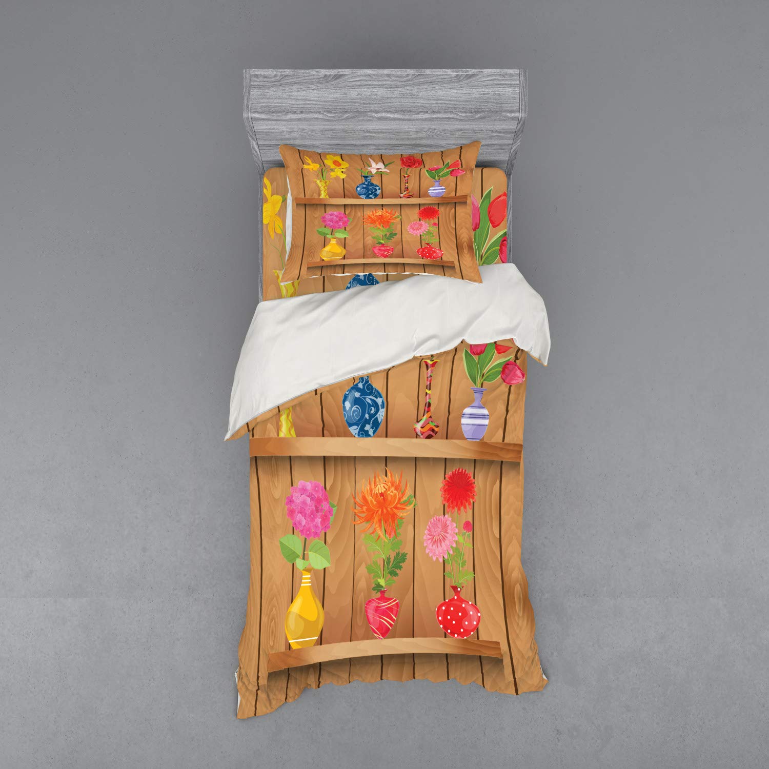 Ambesonne Daffodil Duvet Cover Set - 3 Piece Twin Size Bedding with Sham & Fitted Sheet, Colorful Floral Print on Wooden Shelves in Pastel Tones | Perfect for Spring Bedroom Decor, Guest Room Makeover, or Boho Chic Home Styling