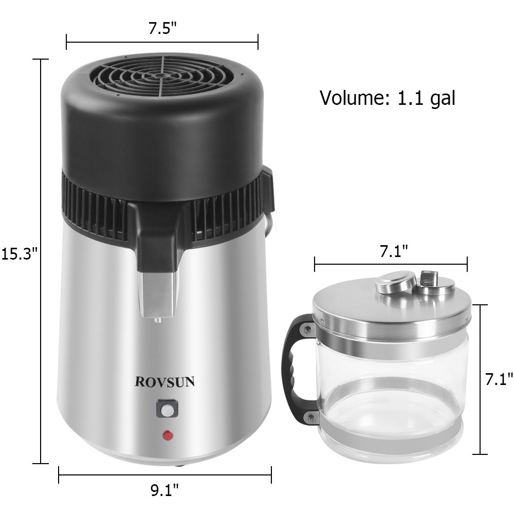ROVSUN Upgraded 4L/1.1 Gallon Countertop Water Distiller - 750W Stainless Steel Home Distilled Water Maker with Glass Container (1L/H, Silver) | Perfect for Purifying Drinking Water, Baby Formula, Coffee & Humidifiers