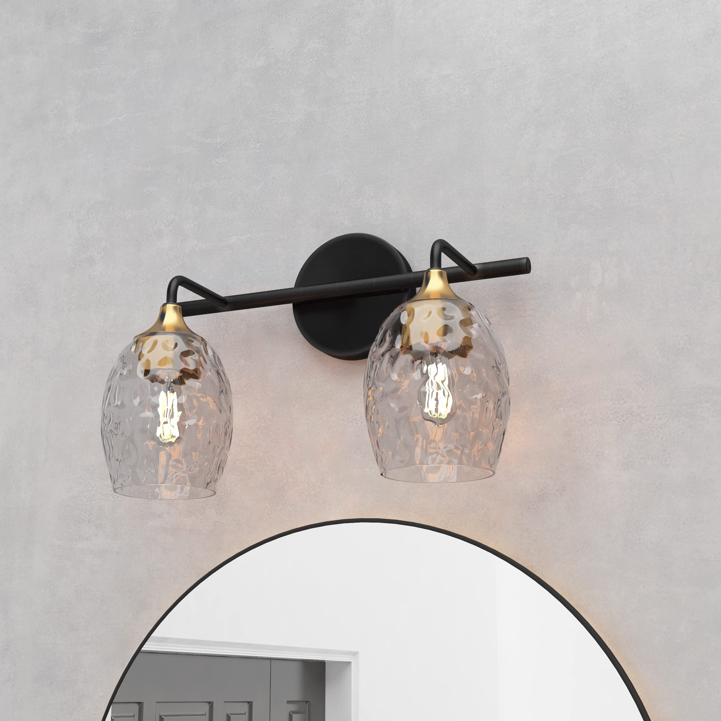 2-Light Bathroom Wall Sconce - Antique Brass Vanity Lighting with Clear Hammered Glass Shade - Elegant Fixture for Bathroom, Kitchen, Bedroom & Living Room - Perfect for Ambient & Task Lighting in Modern Homes
