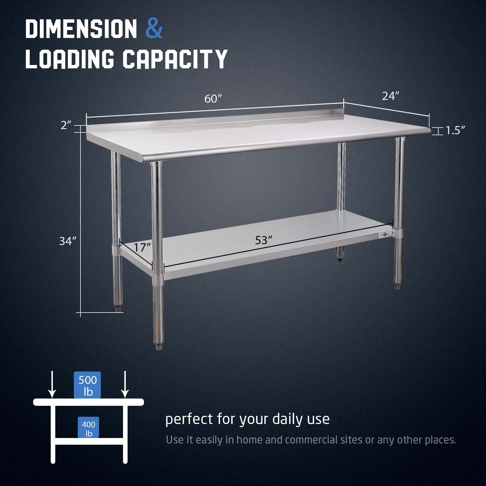 Professional NSF Certified 60x24 Inch Stainless Steel Prep Table with Backsplash & Undershelf - Heavy Duty Commercial Kitchen Work Table for Restaurants, Catering & Food Service Businesses - Perfect for Food Prep, Baking & Buffet Setup