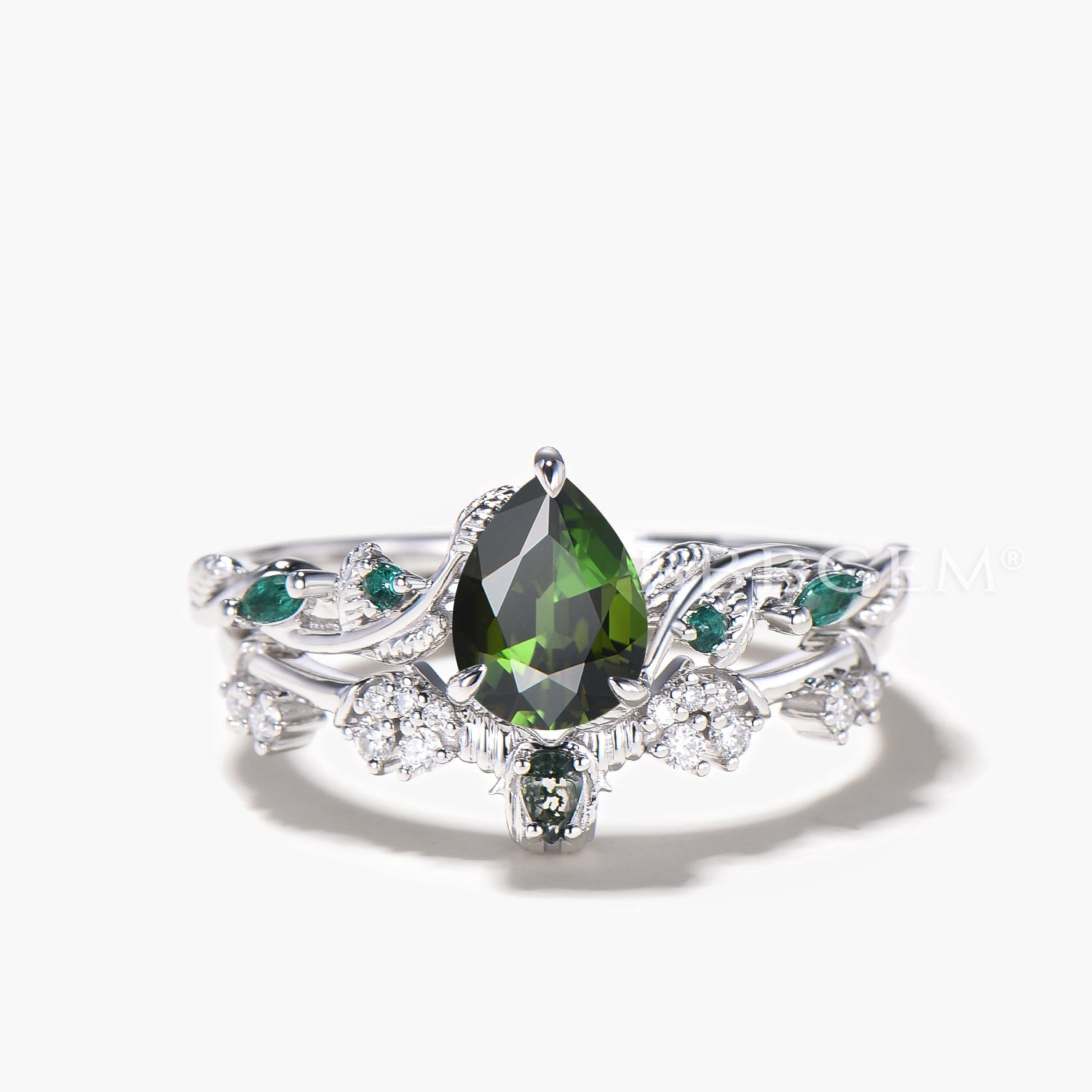 Pear Cut Natural Green Tourmaline Leaf Engagement Ring with Agate & Diamond Accents - Elegant Bridal Set for Wedding, Proposal & Anniversary Celebrations