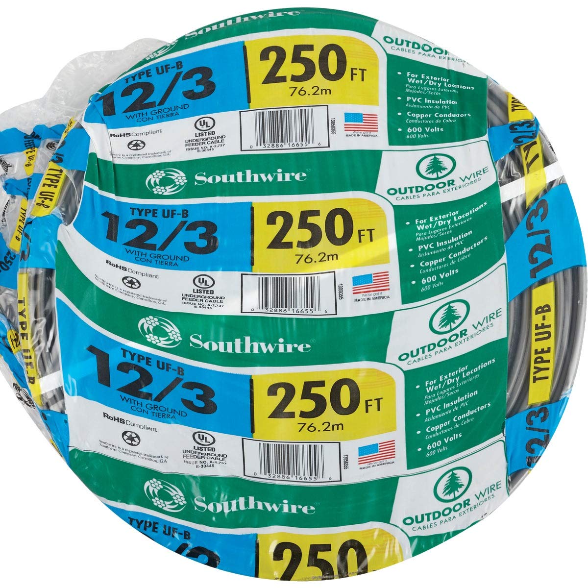 SOUTHWIRE 12/3 UF-B Underground Electrical Cable 250 ft - Direct Burial Wire for Outdoor Lighting, Irrigation & Landscape Projects