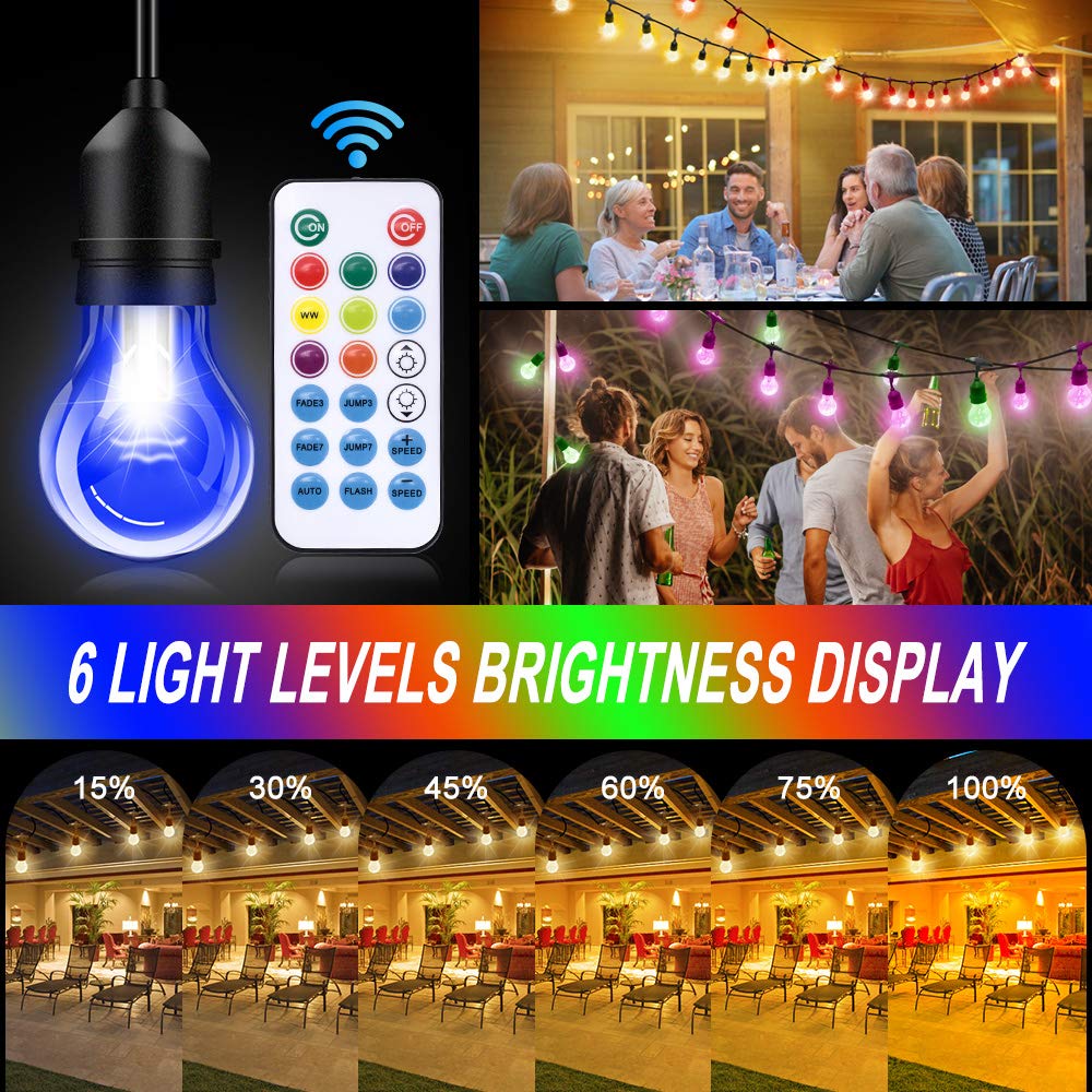 96FT Outdoor Patio Lights Color Changing - RGB LED String Lights with Shatterproof E26 Edison Bulbs, Dimmable Waterproof Backyard Lights for Garden, Deck, Party & Wedding - Includes 2 Remote Controllers
