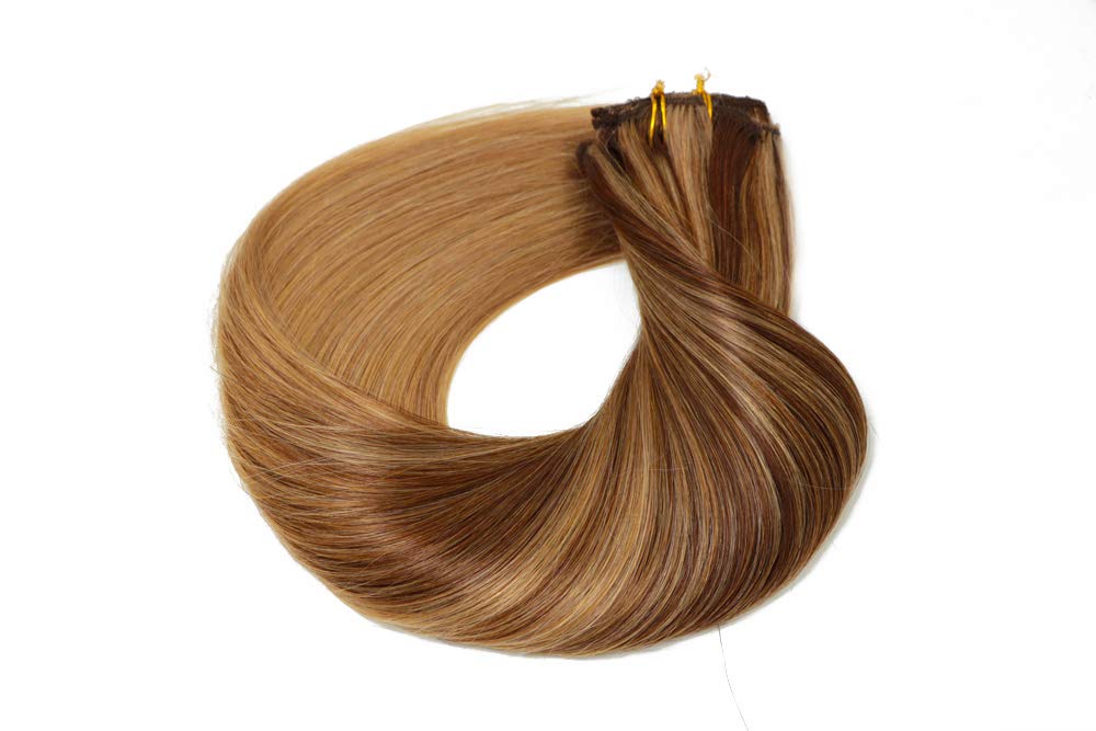 HUAYI 7Pcs Clip-In Human Hair Extensions - Chocolate Brown Ombre to Blonde, 120g, Soft Silky Thick Ends, Tangle-Free, Full Head Coverage (22'') - Perfect for Daily Styling, Parties & Special Occasions