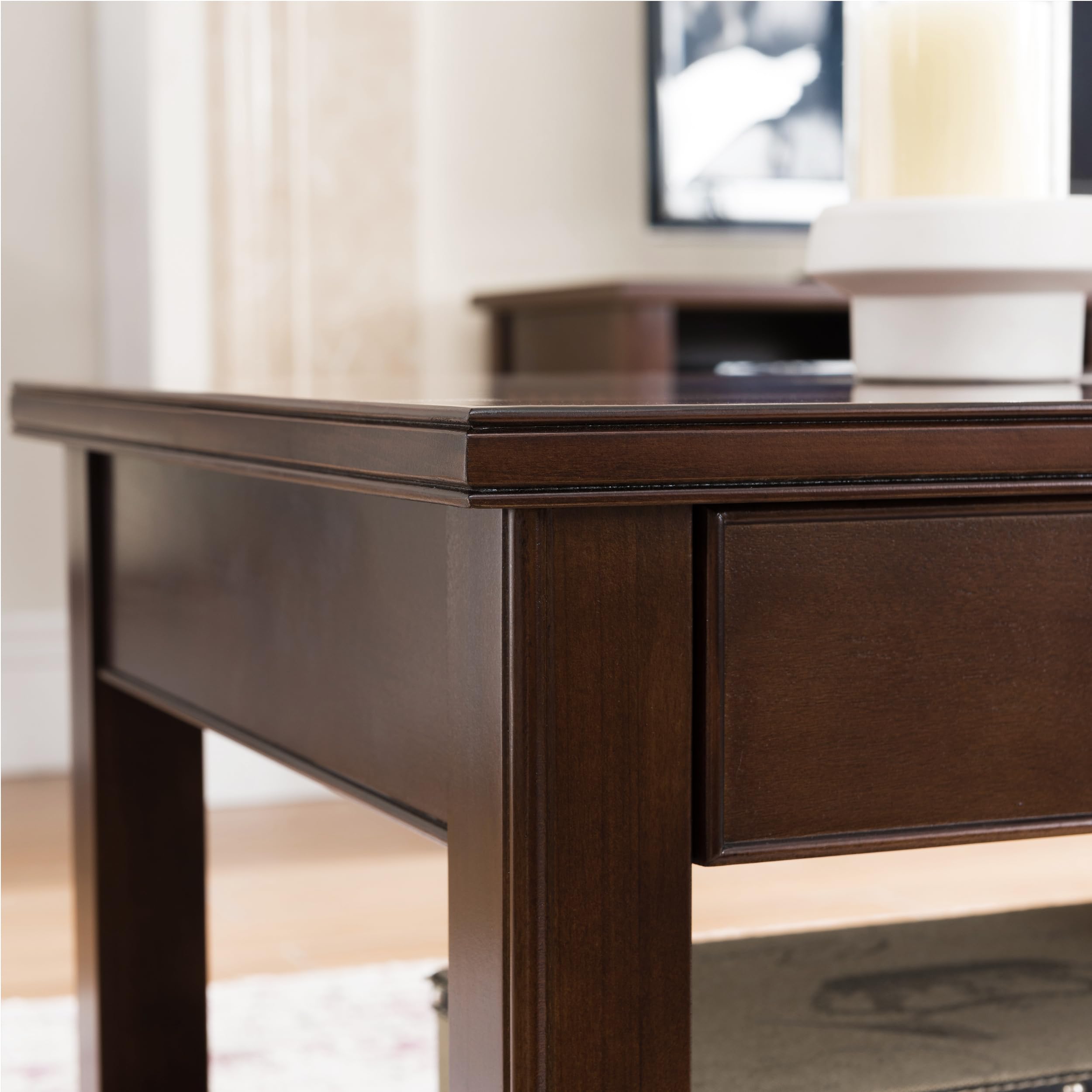Leick Home 10504 Laurent 2-Drawer Coffee Table with Shelf in Chocolate Cherry Finish - Modern Living Room Furniture for Small Spaces & Home Decor
