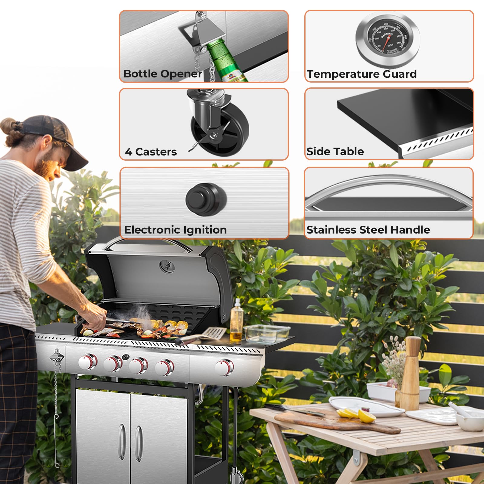 R.W.FLAME 4-Burner Propane Gas Griddle Grill Combo - 42,000 BTU, 561 sq.in Cooking Surface with Porcelain-Enameled Cast Iron Grates & Griddle Plate - Includes Side Burner for Outdoor BBQ, Backyard Parties, Camping & Tailgating - Silver Patio Grill for Garden, Deck & Picnic Use