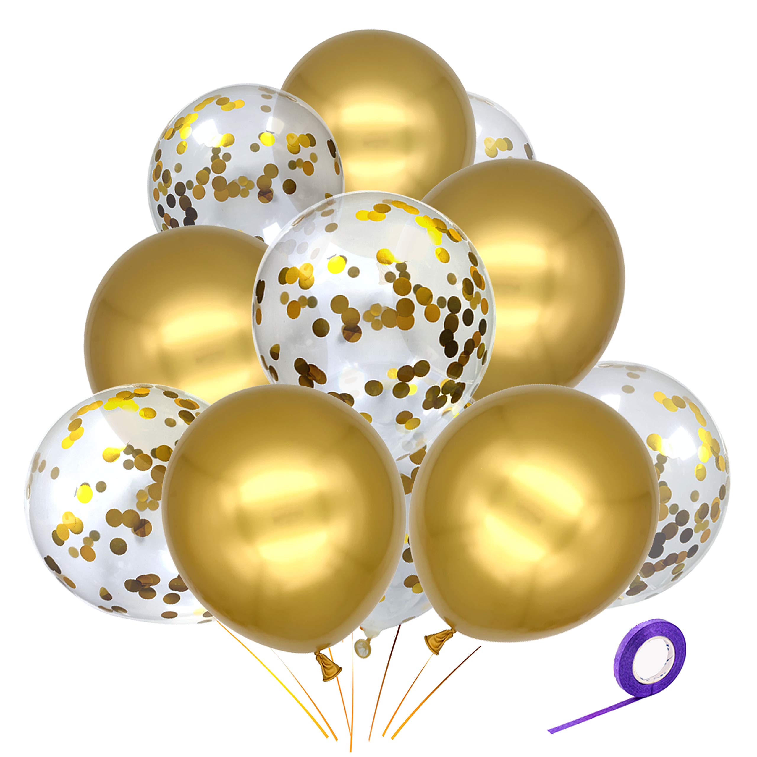 12 Pack Metallic Gold Confetti Balloons - Shiny Latex Balloons with Ribbon for Birthday, Wedding, Party Decorations | Perfect for Baby Showers, Graduations & New Year Celebrations