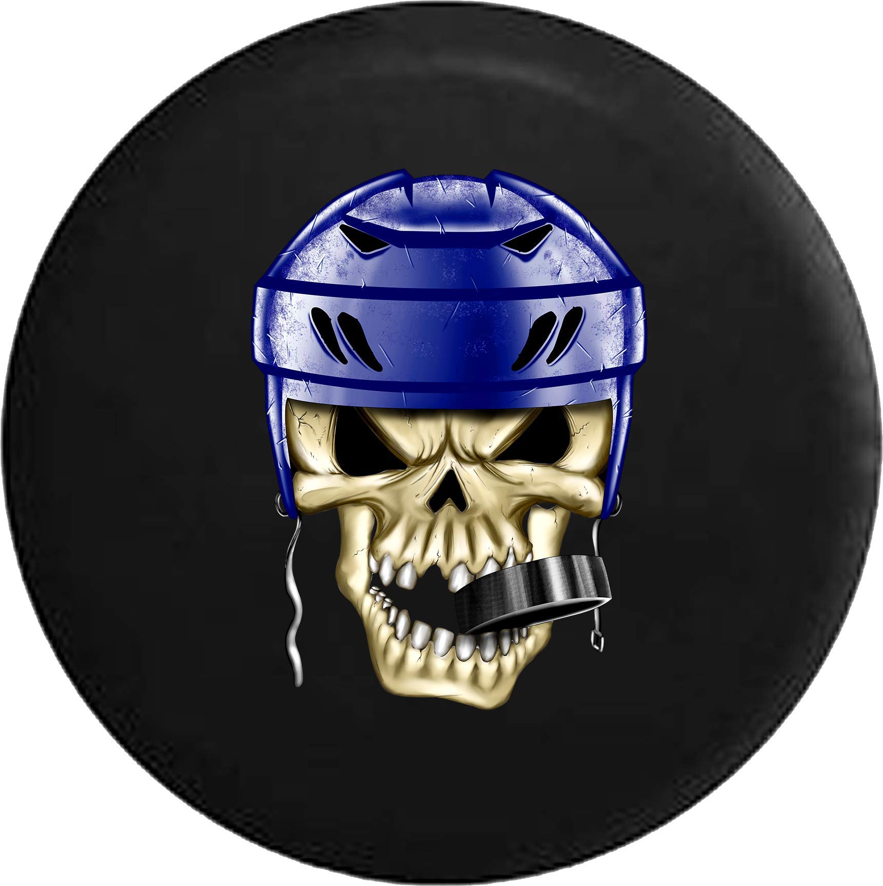 31 Inch Black Tire Cover with Hockey Player Skull Design - Helmet & Missing Teeth Hockey Puck Art for Trucks, SUVs & RVs - Perfect for Outdoor Sports Fans & Tailgating