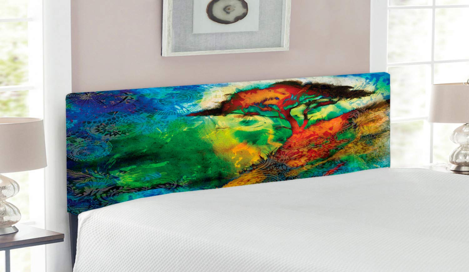Ambesonne Bohemian Upholstered Headboard - Eastern Grunge Tree & Circular Mandala Design, Queen Size Decorative Metal Bed Frame with Memory Foam, Multicolor | Perfect for Bohemian & Eclectic Bedroom Decor