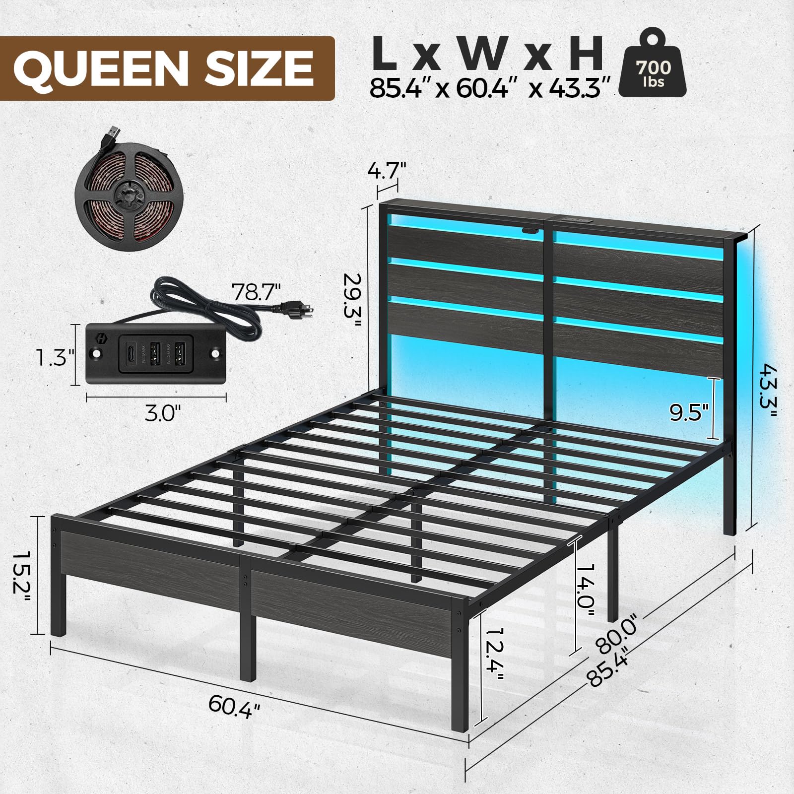 Rolanstar Queen Size Bed Frame with USB Charging & LED Lights - Wood Storage Headboard, Black Metal Platform Bed with Under Bed Storage - No Box Spring Needed, Noise Free - Perfect for Modern Bedrooms & Small Spaces