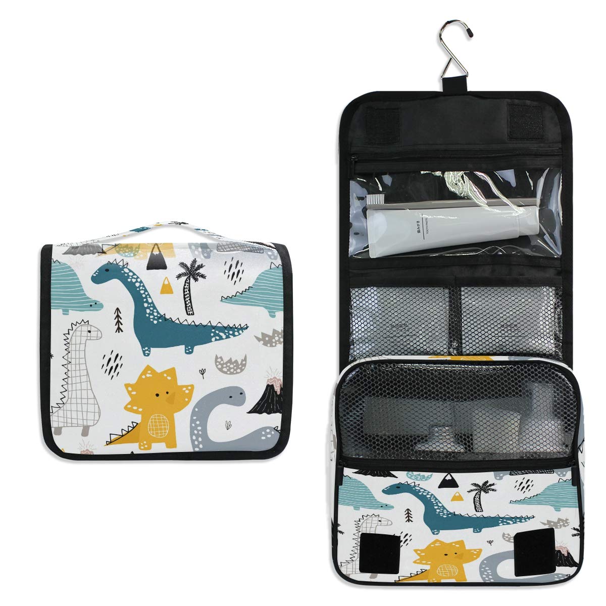 Waterproof Hanging Toiletry Bag for Travel - Palm Tree Dinosaur Design Cosmetic Organizer Pouch for Women, Girls & Kids | Perfect for Showers, Beach Trips & Vacation Gifts