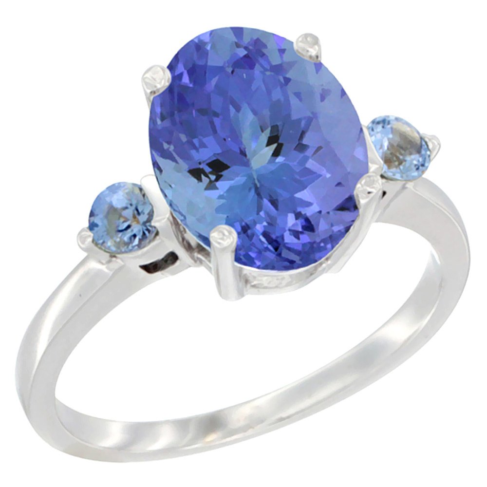 10K White Gold 10x8mm Oval Natural Tanzanite Engagement Ring for Women with Light Blue Sapphire Side Stones - Size 5-10 - Perfect for Weddings, Anniversaries & Special Occasions