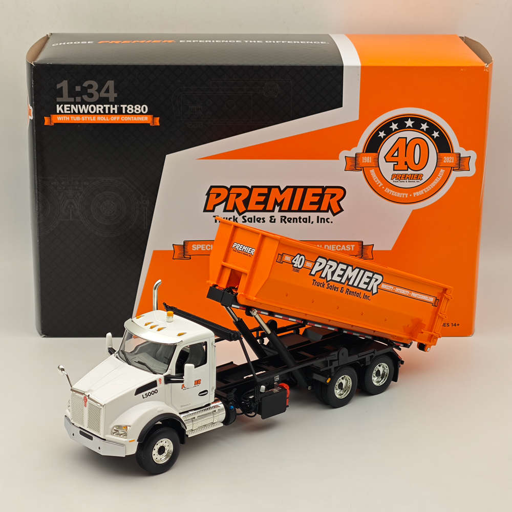 1/34 Scale Kenworth T880 Diecast Truck with Tub Style Roll-Off Container - Collectible Model for Display, Gifts, and Truck Enthusiasts